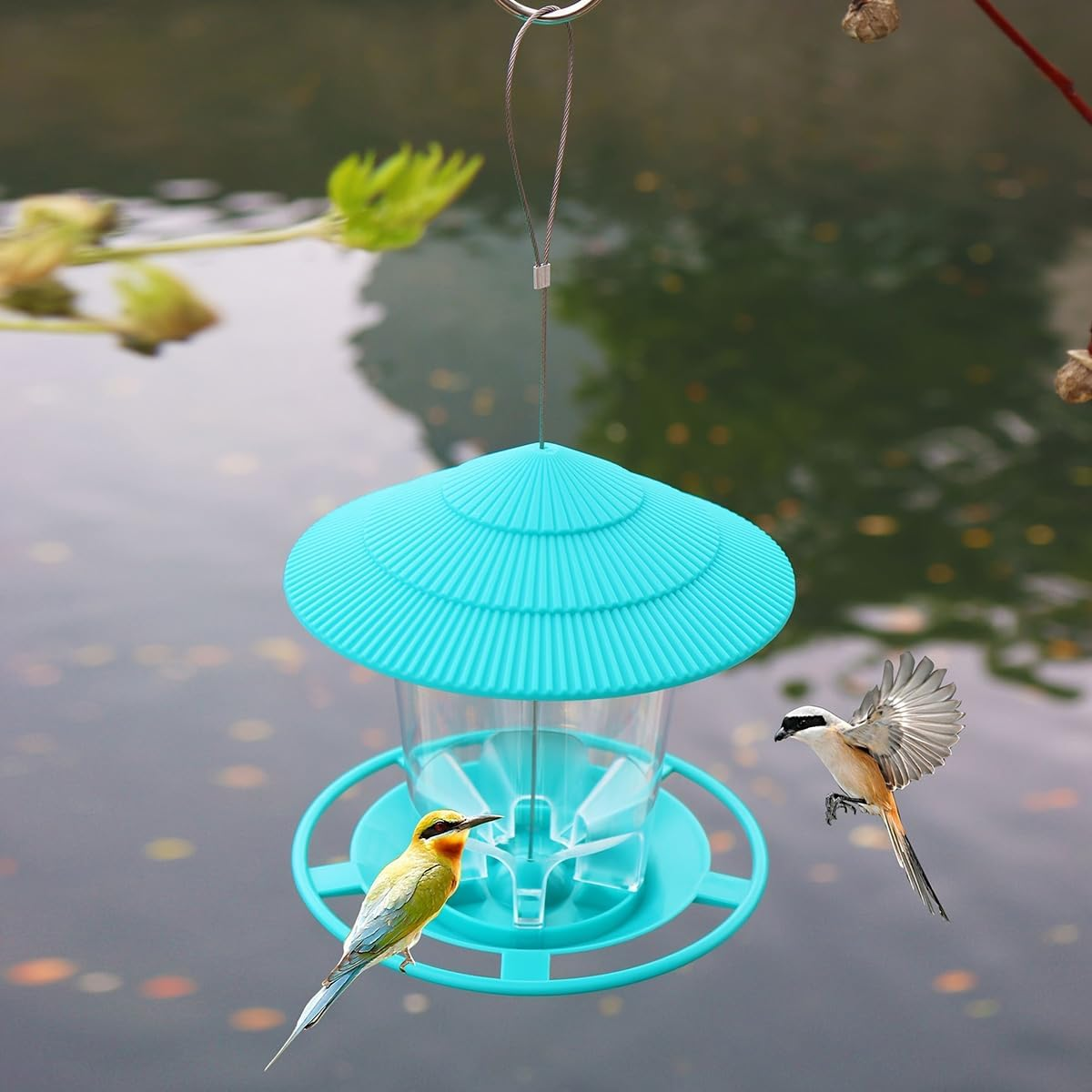 AIMALL Outdoor Hanging Bird Feeder 7.09X6.5In Plastic Feeder for Garden Yard Balcony, Automatic Bird Feed Dispenser with Multiple Feeding Ports