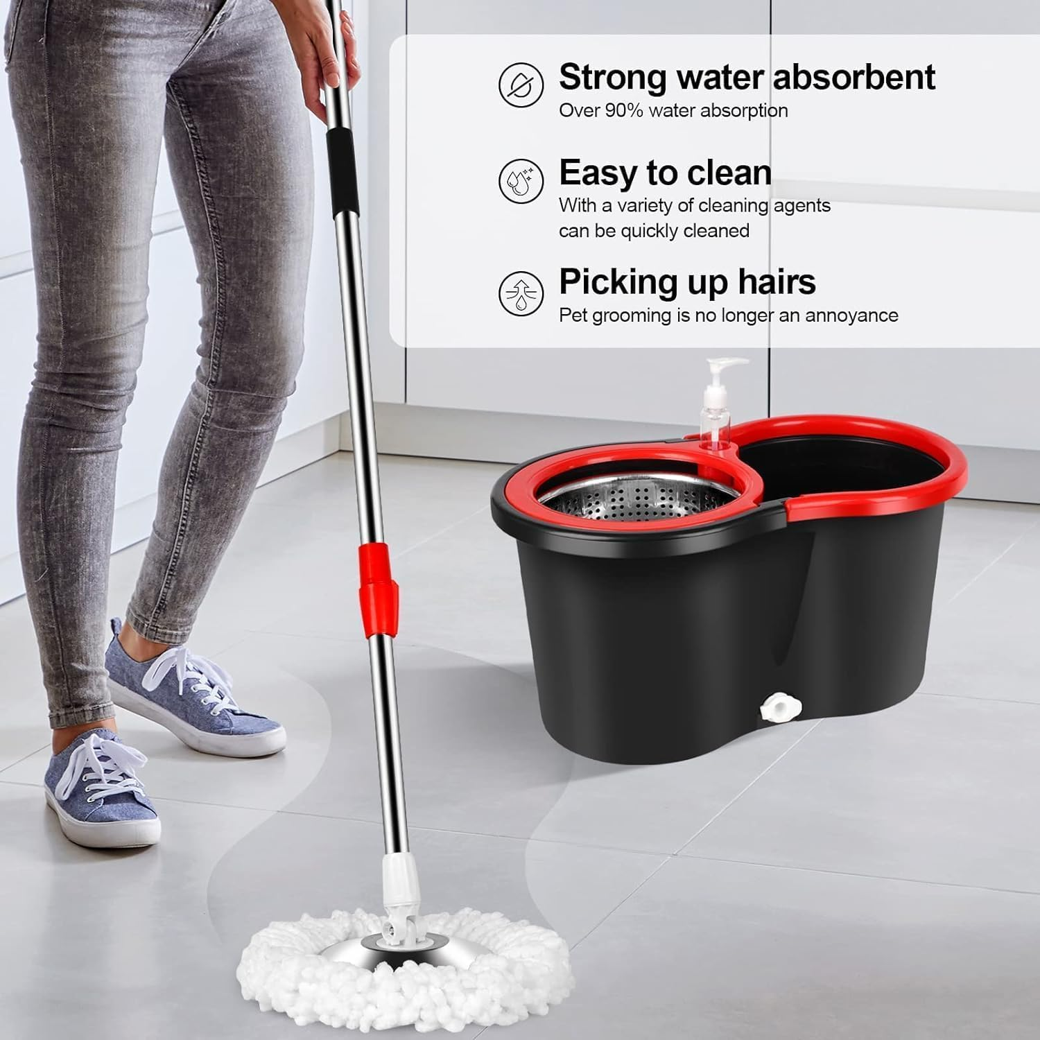 Mop and Bucket with Wringer Set, 360&deg; Spinning Mop Bucket System with 5 Microfiber Mop Replacement Heads and Stainless Steel Adjustable Handle for Floor Cleaning,Black image number 4