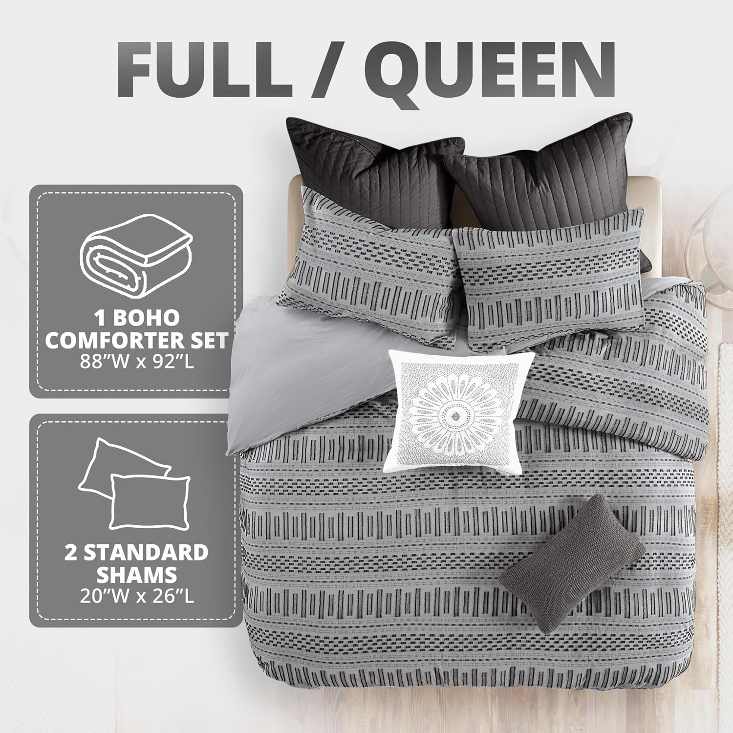 INK+IVY Rhea 100% Cotton Comforter, Clipped Jacquard Stripes Modern Luxe All Season down Alternative Bed Set with Matching Shams, King/Cal King(104"X92"), Grey 3 Piece image number 3