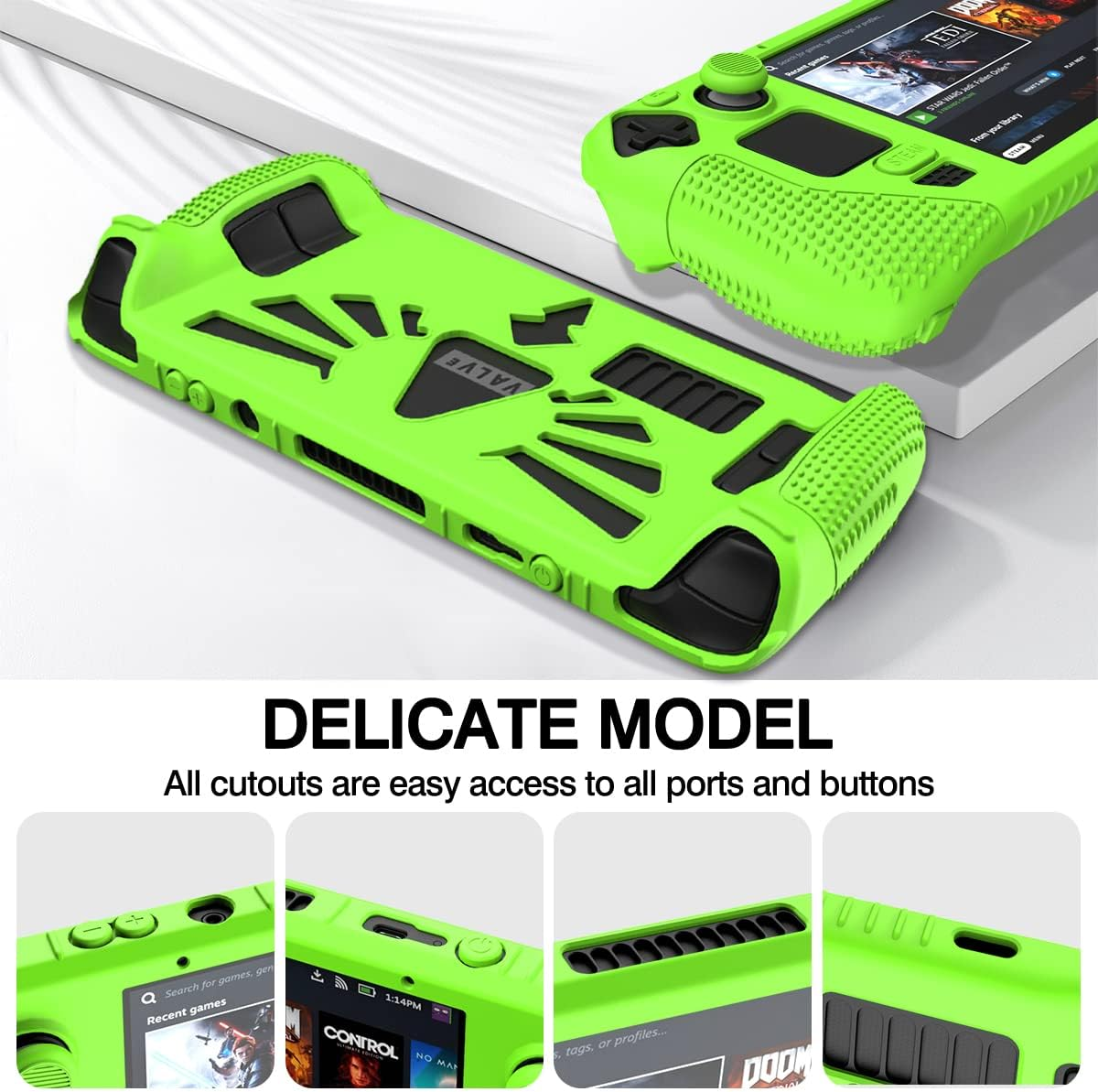 SUIHUOJI Steam Deck/Steam Deck OLED Standing Protective Case, Thickening Silicone Accessories Protector, Soft Cover Skin Shell with 2 Pairs Thumb Grips, Full Protection for Valve Stream Deck (Green) image number 5