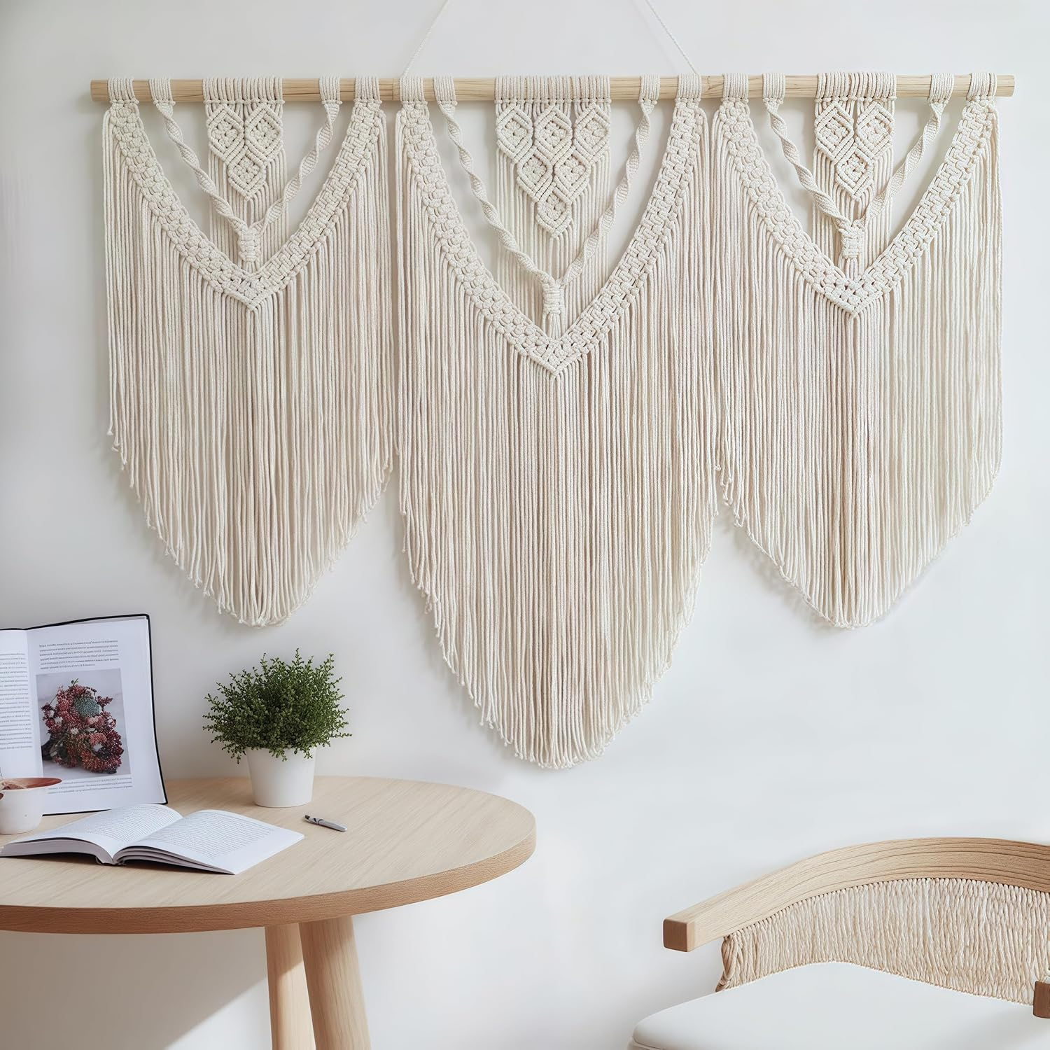 Large Handmade Boho Macrame Wall Hanging Tapestry - Chic Bohemian Woven Home Decor Art for Living Room, Bedroom, and Wedding Parties - Triangular, Beige F image number 3