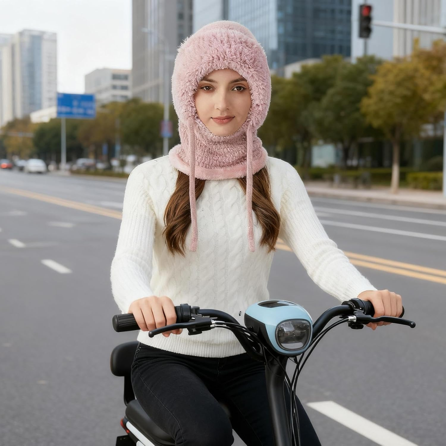 3-In1 Beanie Hat for Women | Winter Womens Beanie Hats | Windproof Knitted 3 In1 Storm Hood with Scarf and Face Maskes | Winter Snow Caps Plush Earmuffs Hats for Outdoor, Skiing & Hiking - Cream Colored image number 6