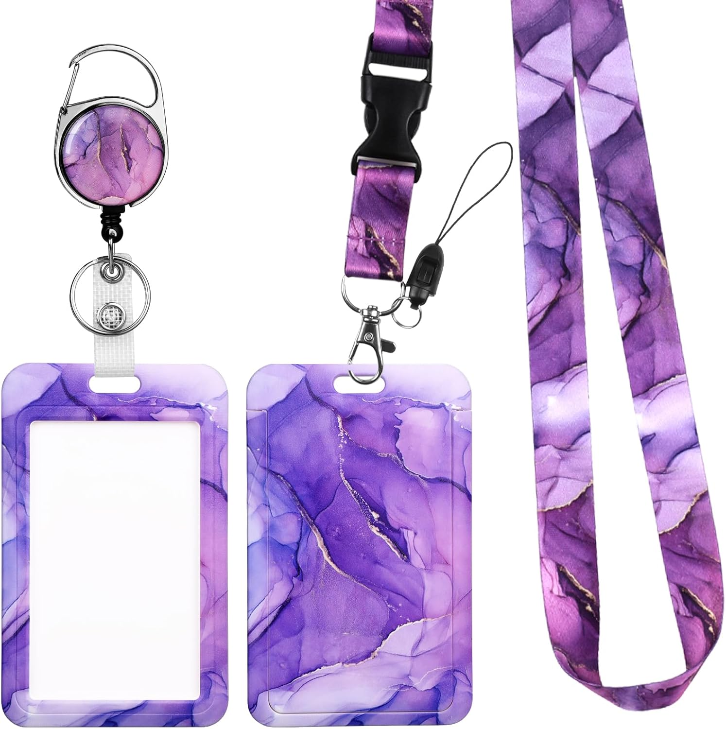 Hianjoo Badge Holder Retractable with Lanyard, ID Card Holder with Belt Clip Carabiner Retractable Reel Neck Lanyard Pull Cord for Students Office Staff, Red Marbling - Blue Stripes image number 7