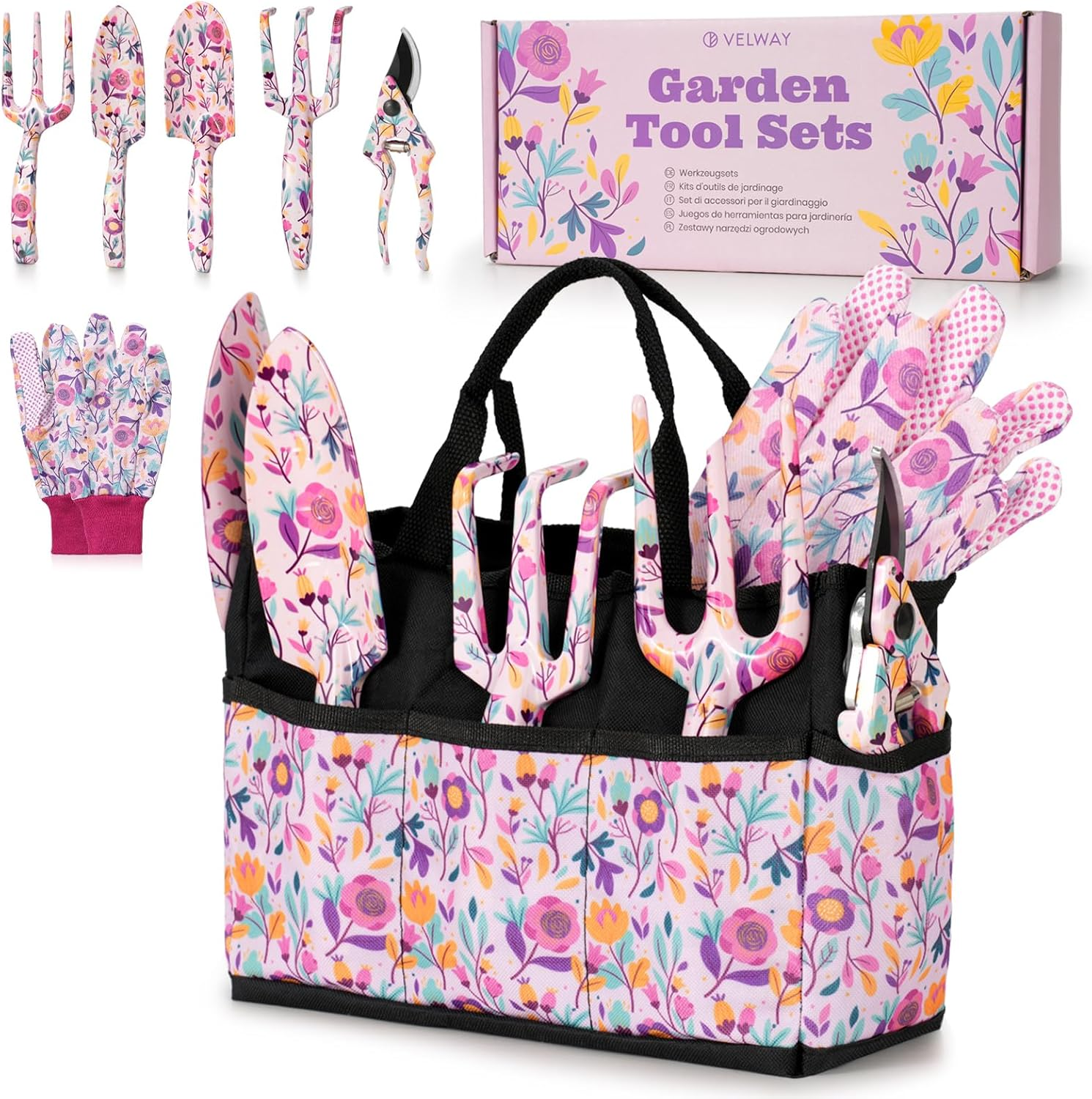 Velway Garden Tool Set 5-Piece Garden Tools with Floral Pattern & Gift Box Including Gloves, Garden Shovel, Scissors image number 1