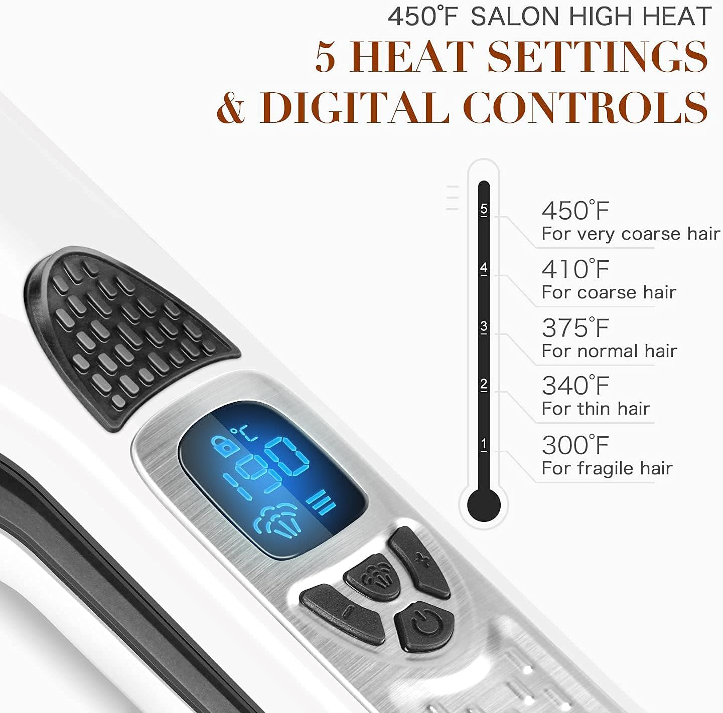 Hair Straightener with Steam,Salon Professional Nano Titanium Ceramic Steam Flat Iron with Removable Comb+Digital LCD+5 Level Adjustable Temperature+Auto Temperature Lock (White) image number 5