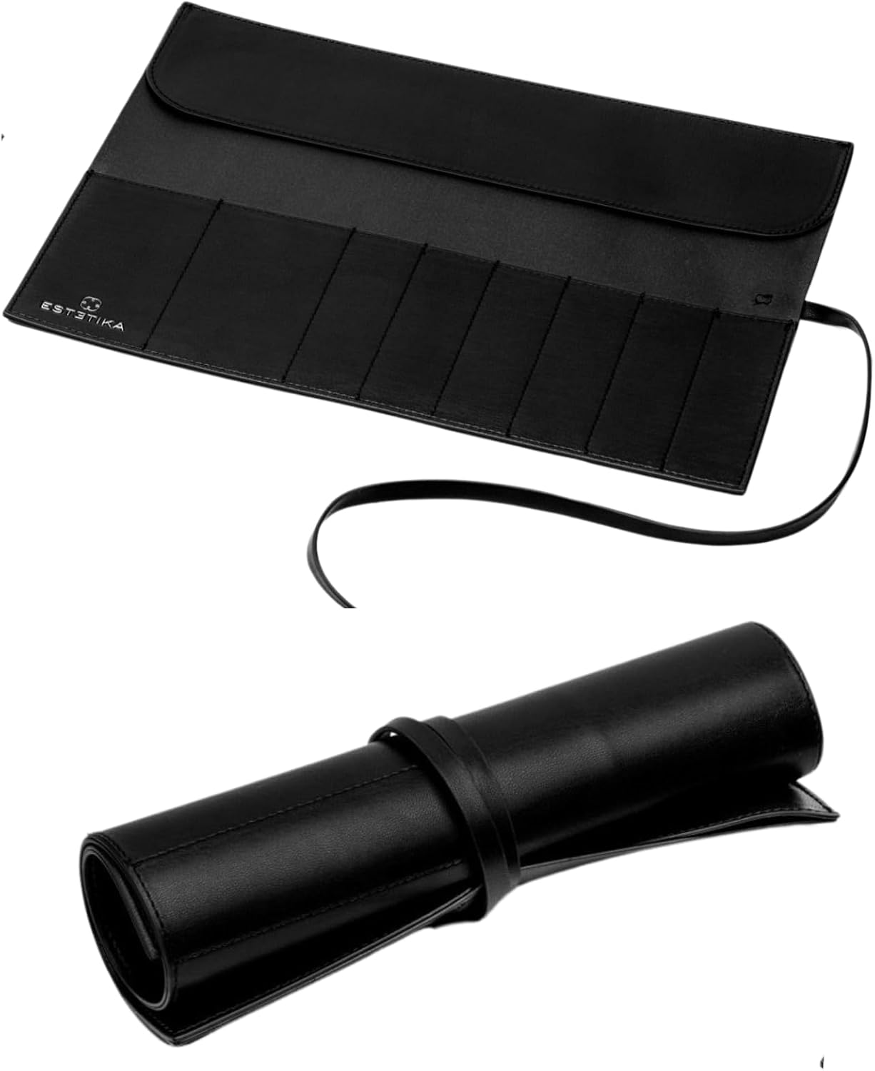 ESTETIKA Travel Makeup Brush Roll Holder Organizer for Women Luxury Brush Pouch Portable Chic Case for Makeup Brushes &ndash; Holds 10 Brushes, Stylish Cosmetic Beauty Essentials Storage Pouch (Black),