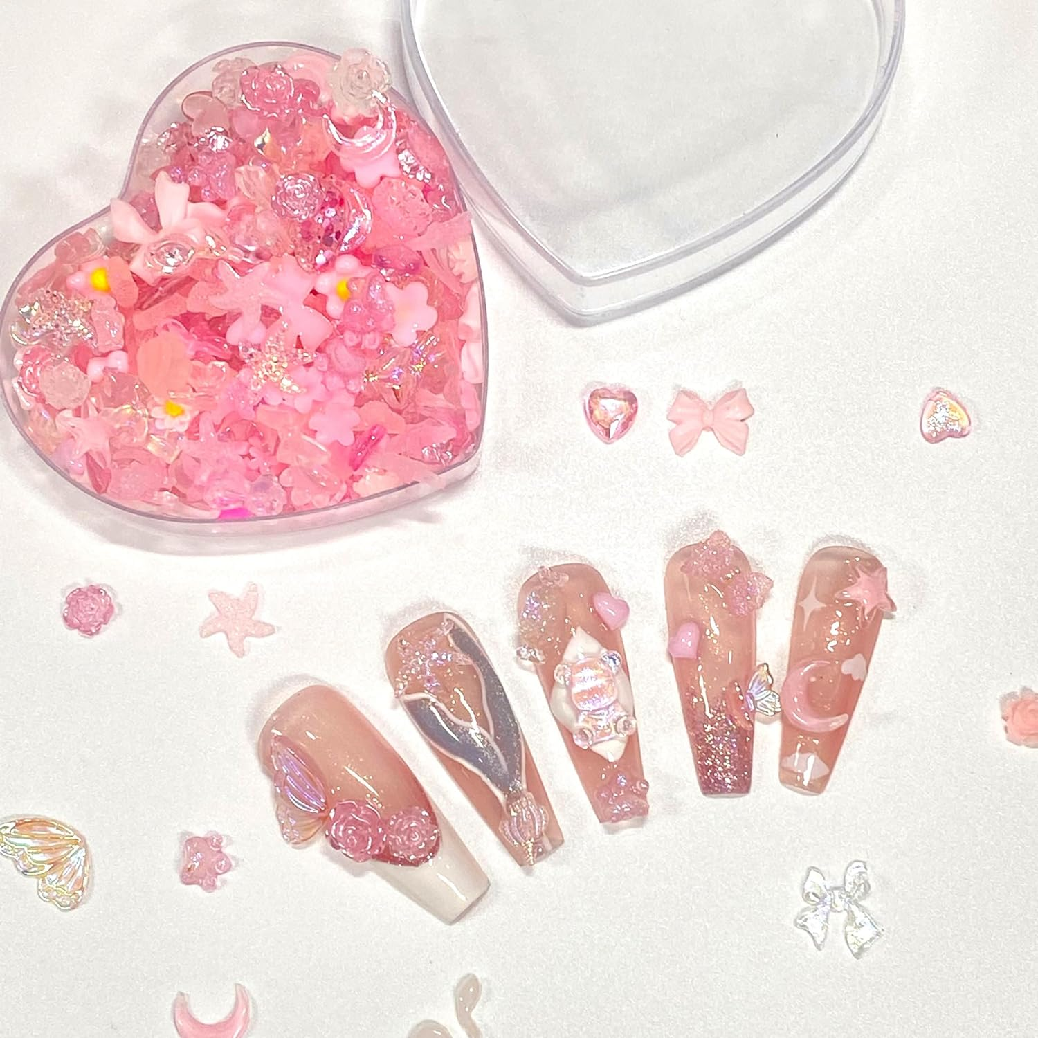 300 Pcs 3D Pink Nail Charms Y2K Kawaii Crystal for Nail Decor, Cute Bow Heart Star Moon Nail Gems Set, Nail Charms and Gems, Gifts for Women - Crystal Butterfly And Ribbon image number 6