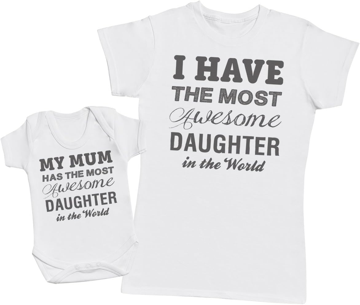 Awesome Daughter - Matching Mother Baby Gift Set - Womens T Shirt & Baby Bodysuit - White - Large & 12-18 Months