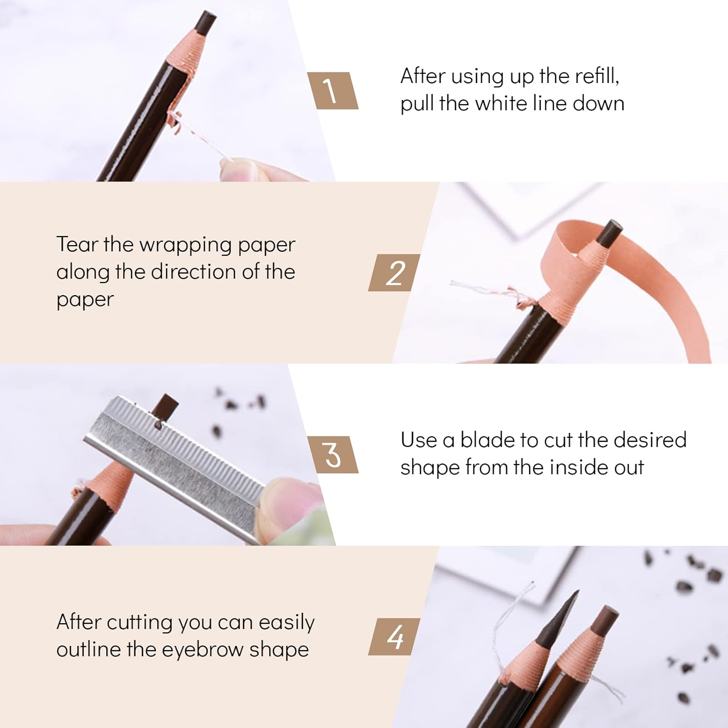 Ownest 6Pcs Pull Cord Peel-Off Eyebrow Pencil Tattoo Makeup and Microblading Supplies Set for Marking, Filling and Outlining, Waterproof and Durable Permanent Eyebrow Liner-Black - D-Light Brown image number 3