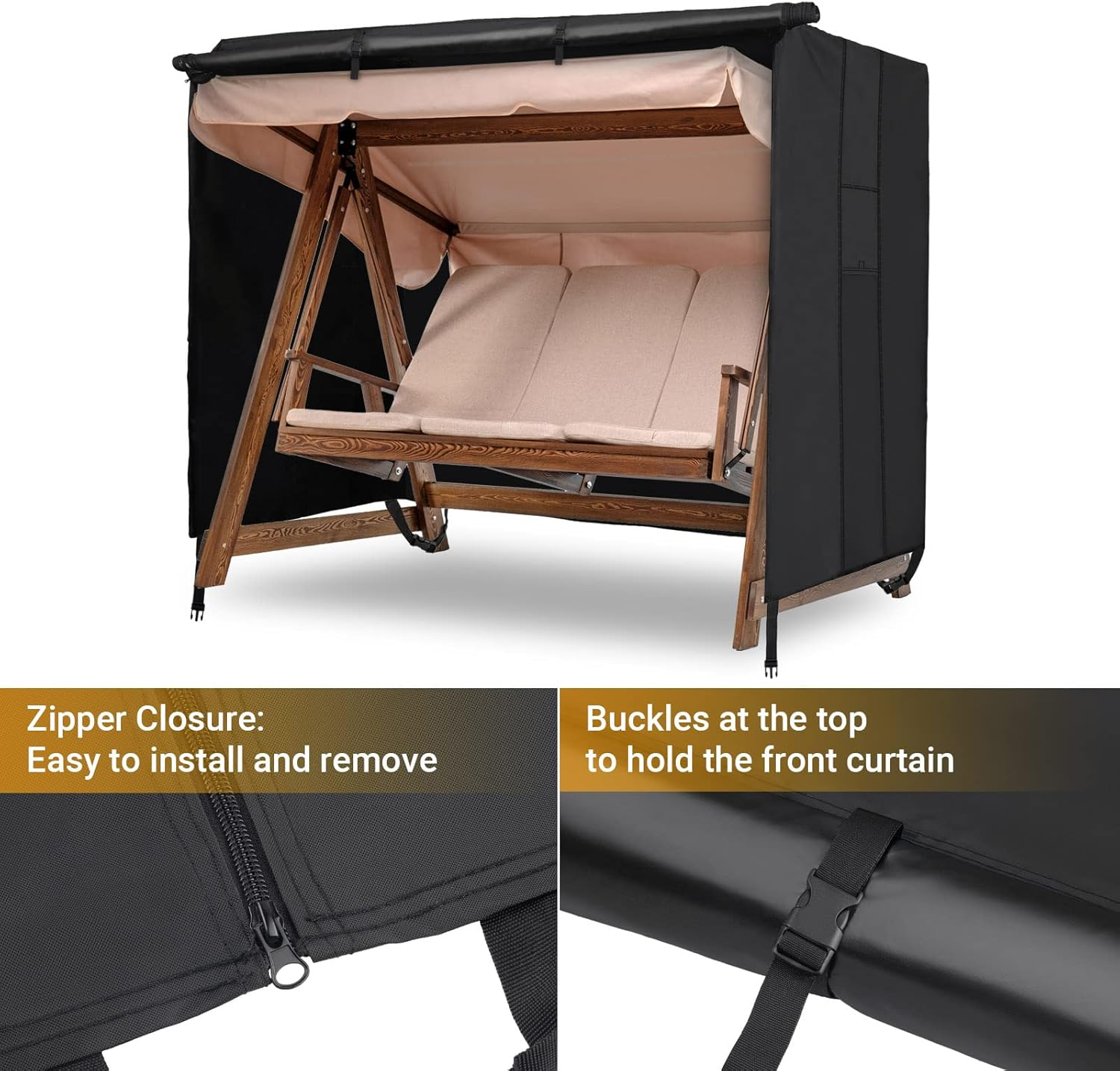 Velway Outdoor Swing Cover 3 Triple Seater Waterproof Patio Hammock Cover 87X49X70 All Weather Windproof Glider Chair Cover for Garden Furniture, Black image number 1