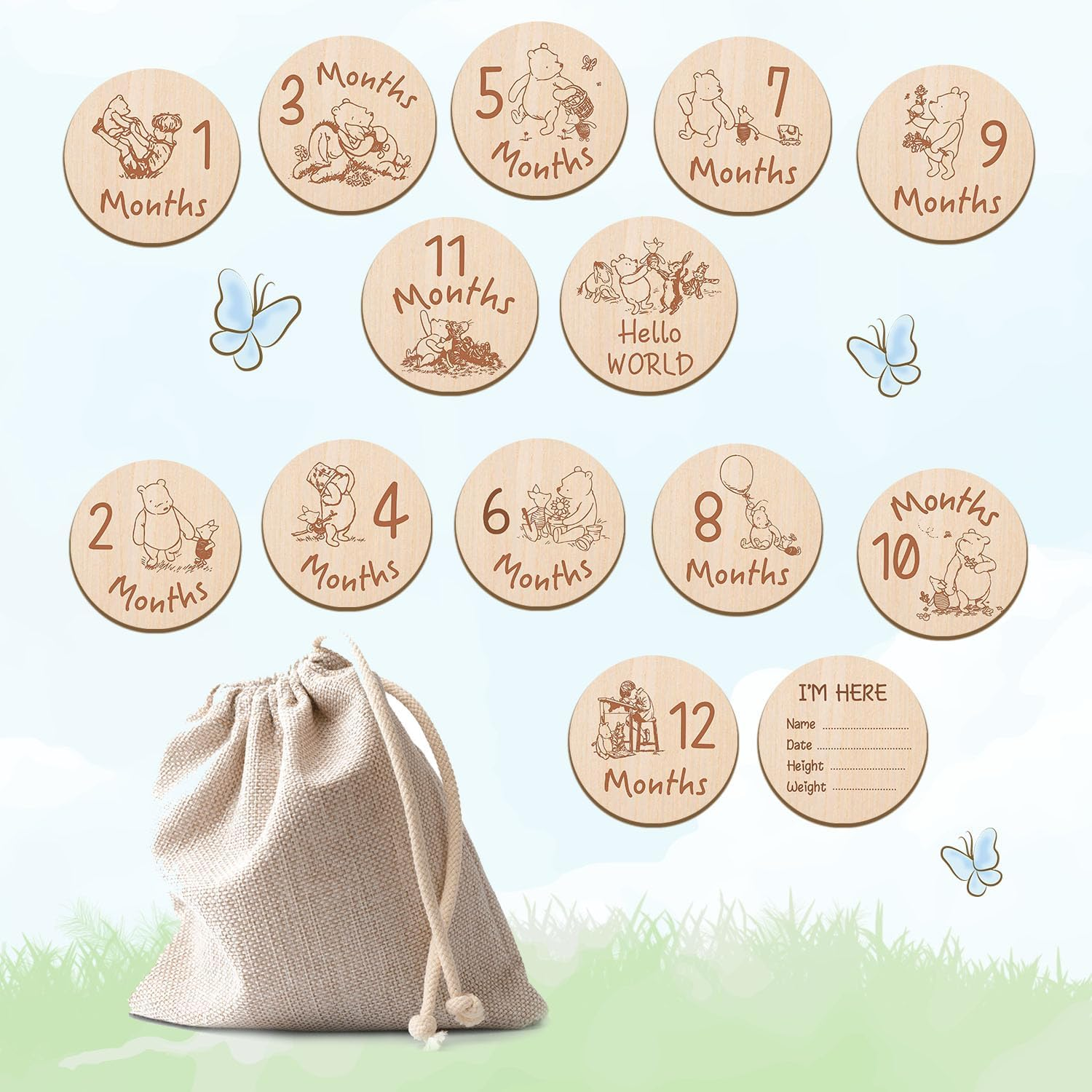7 Pcs Winnie Baby Monthly Milestone Markers, Winnie Double Sided Winnie Baby Months Wooden Signs with Storage Bag, Winnie Baby Shower Gifts, Winnie Baby Monthly Announcement Wooden Discs, Winnie Gifts image number 6