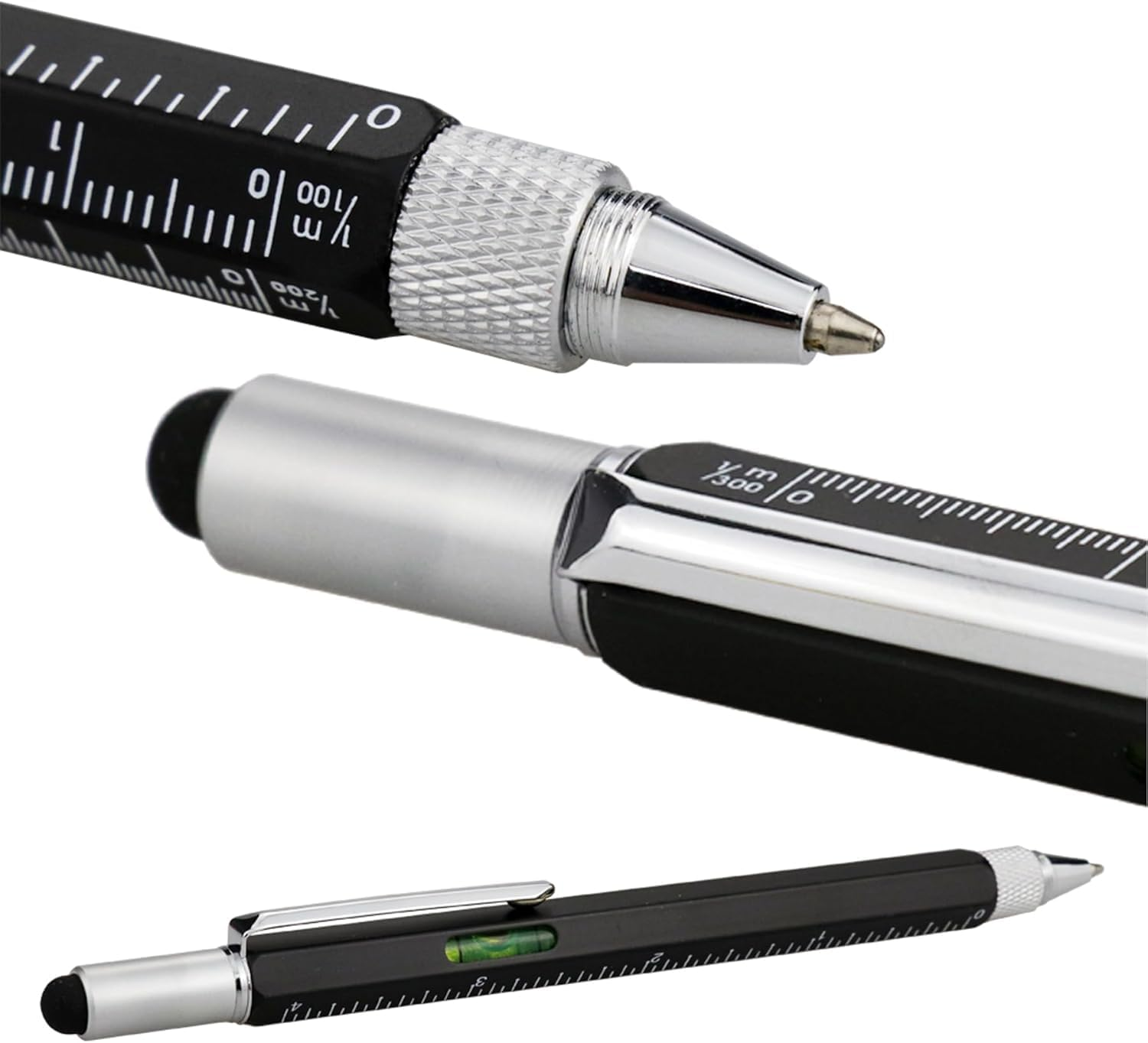 2Pcs 6-In-1 Multifunctional Tech Pen Gadgets Tool, Men'S Cool Small Tool, Touch Screen Stylus, Ruler, Level, Screwdriver Set, Ballpoint Pen for Men Husband Engineer Teacher Friend (BK)