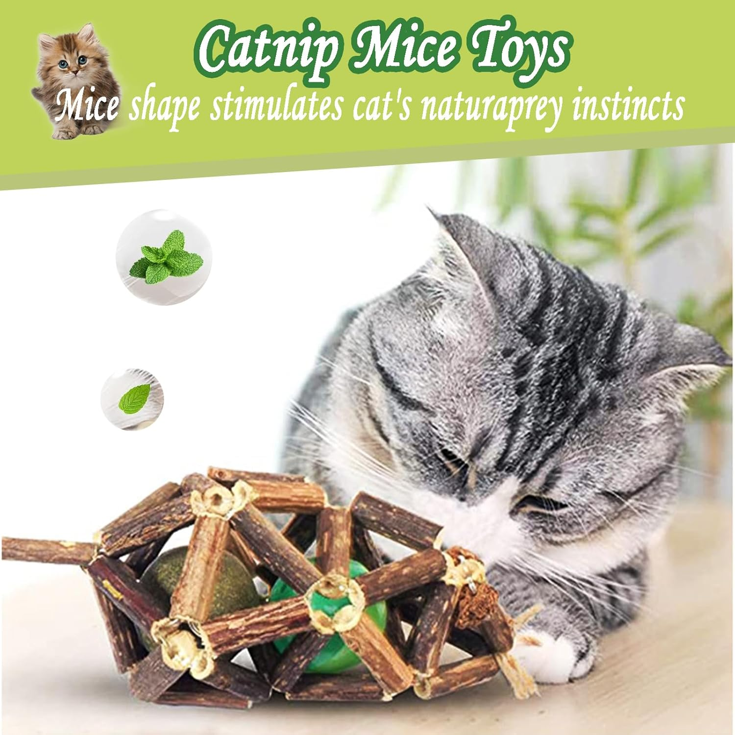 Cat Nip Mint Wood Ball - Mice/Mouse Chew Toys with Silvervine Sticks Cat Toys Natural Polygonum Officinale Balls for Indoor Cats, Kitten Cleaning Teeth Tools Cat Chew Toy Stick Funny Pet image number 3