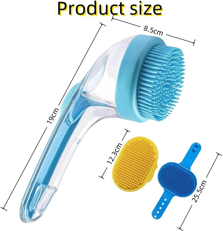 FACAING 3Pcs Dog Bath Brush,Pet Bath Brush with Soap and Shampoo Dispenser,Dog Scrubber for Bathing,Rubber Shower Comb with Adjustable Ring Handle (Blue) image number 4