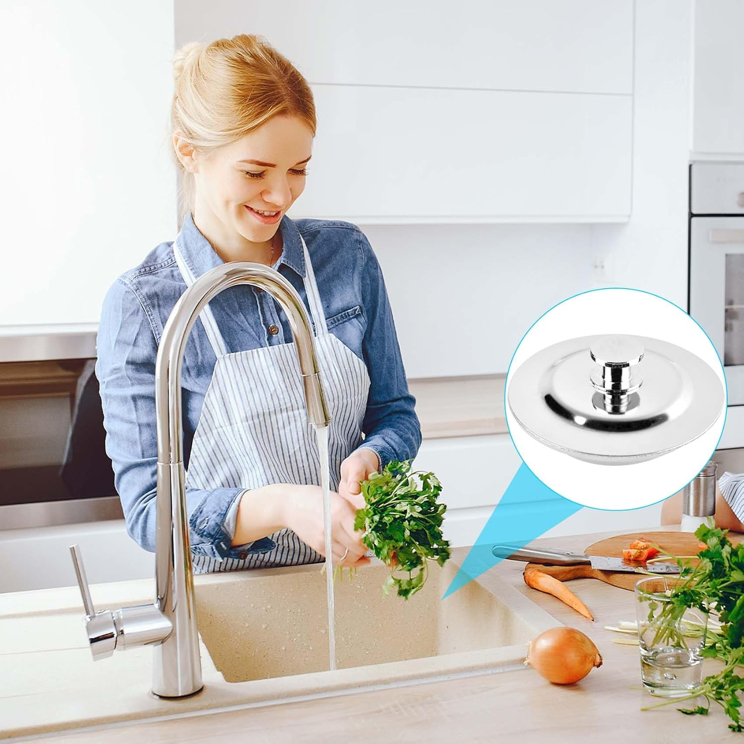 2 Pieces Bath Plug Stainless Steel Push Type Sink Plug Replacement Bath Plug for Bathtub, Kitchen, Vanity, RV Sink Etc with One Handle Easy to Take Out image number 5