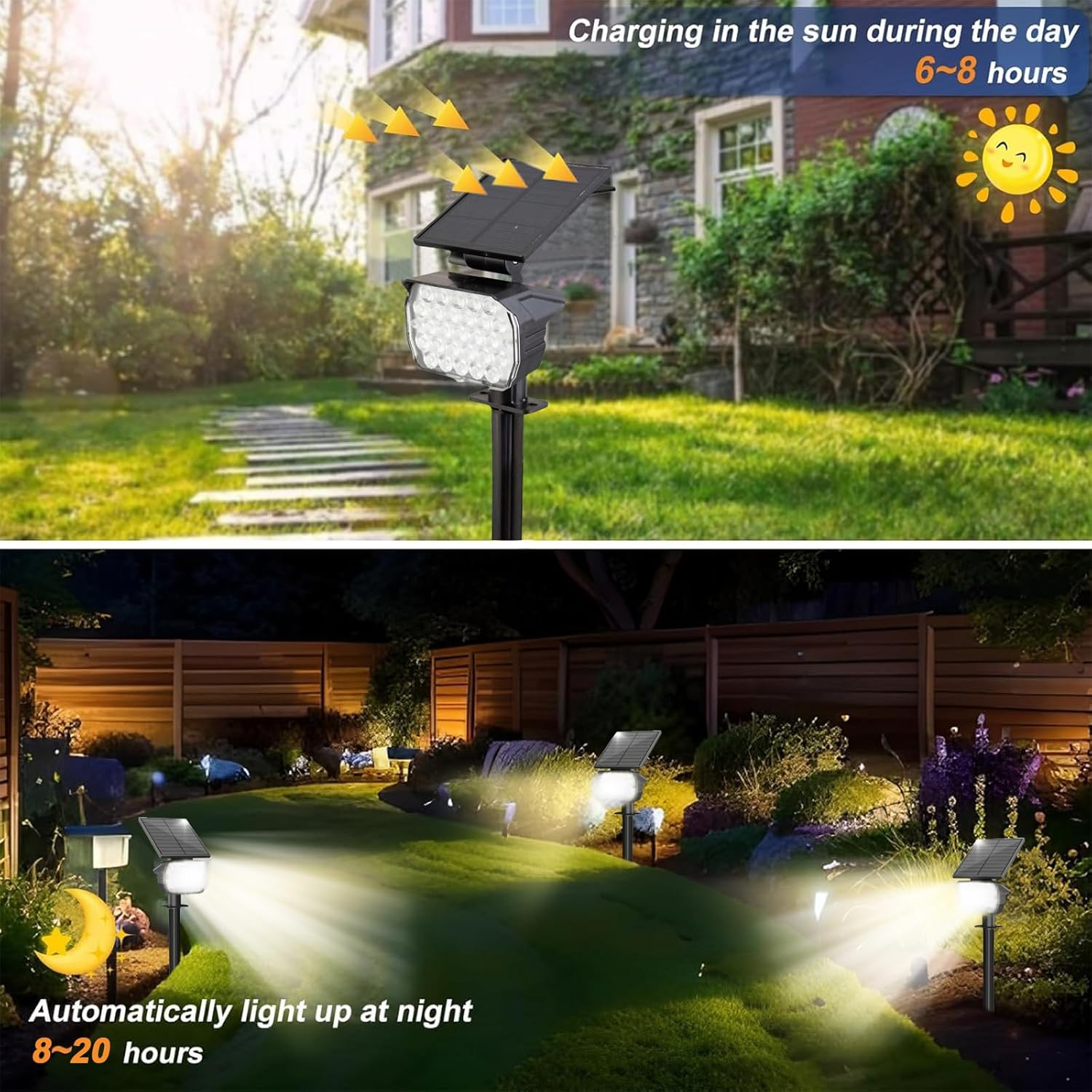 XIULIUU Solar Spot Lights Outdoor, 6 Pack Waterproof IP65 Landscape Spotlights with 3 Lighting Modes, 2-In-1 Auto On/Off Solar Powered Flood Lights for Yard Garden House Garage Pathway (Cool White) image number 2