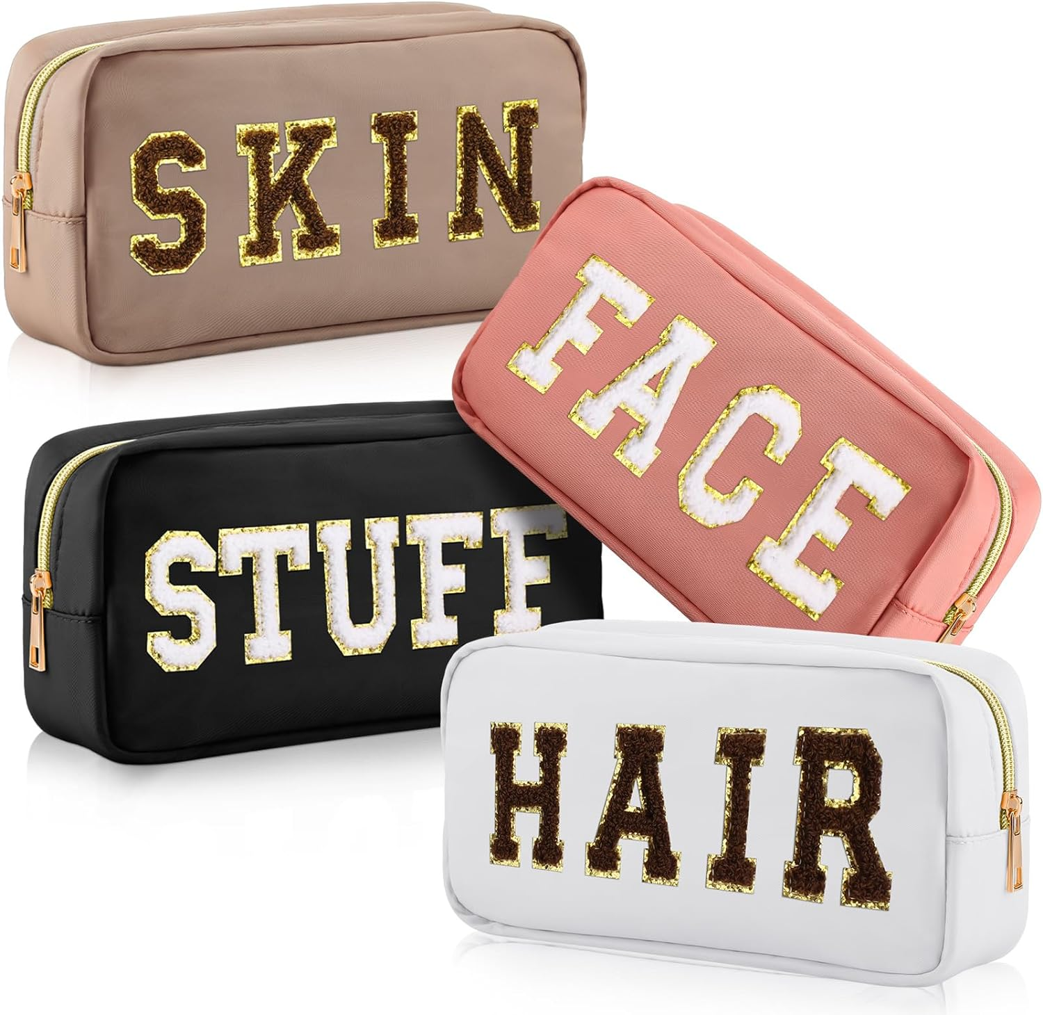 Remerry 4 Pcs Nylon Cosmetic Bag Travel Organizer Chenille Letter Makeup Pouch Zipper Preppy Waterproof Hair Bag Toiletry Pouch for Women Girls(Light Brown, Beige, Light Pink, White)