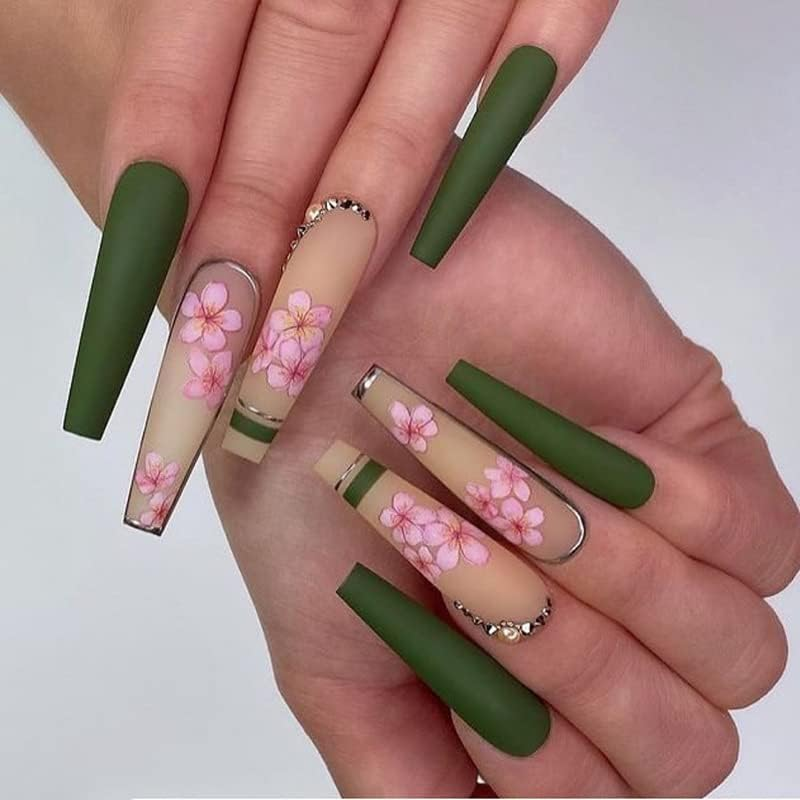 Rikview Long Press on Nails Coffin Fake Nails with Flower Design Green Nails for Women and Girls image number 5