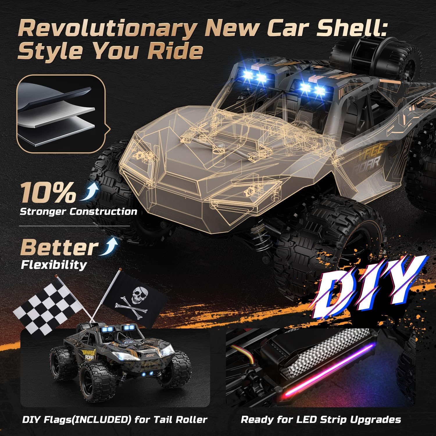 DEERC 1:14 All Terrain Fast RC Car, 40KPH High Speed RC Truck with LED Headlight for Boys, Offroad 2.4Ghz 4X4 Remote Control Car, Monster Truck Toy, 2 Batteries image number 1