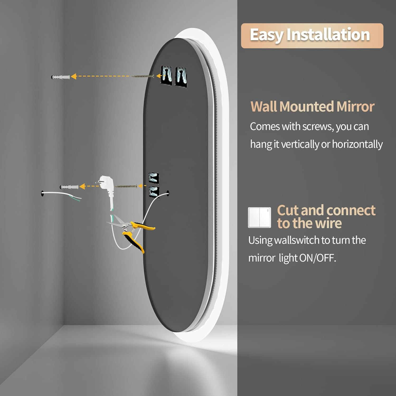 LUVODI Oval LED Bathroom Mirror: 600X1200Mm Wall Lighted Vanity Mirrors with Anti-Fog 3 Colors Dimmable Lighting Smart Switch Memory Function Plug-In Makeup Mirror Vertical or Horizontal image number 6