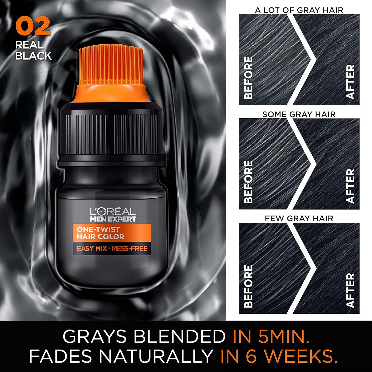 L&rsquo;Oreal Paris Men Expert One Twist Mess Free Permanent Haircolor, Covers Grays, Real Black 02, 1 Application Kit image number 4