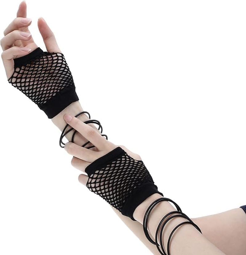 80S Accessories for Women Fancy Dress Costume Lace Headband Earrings Fishnet Gloves Necklace Bracelet for Neon Fancy Party, Black, Standard