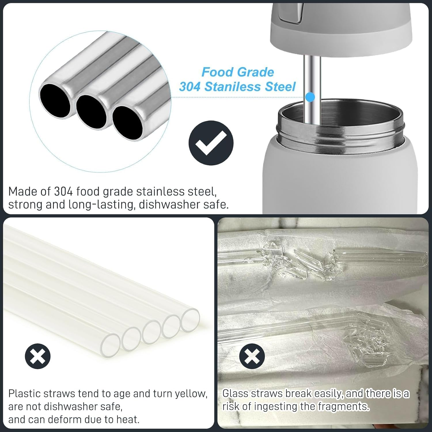 4Pcs Replacement Stainless Steel Straws Compatible with Owala Water Bottle 24Oz 32Oz Reusable Straws with 2 Cleaning Brushes Metal Straw Replacement Compatible with Owala Freesip (21Cm for 24-32Oz) image number 2