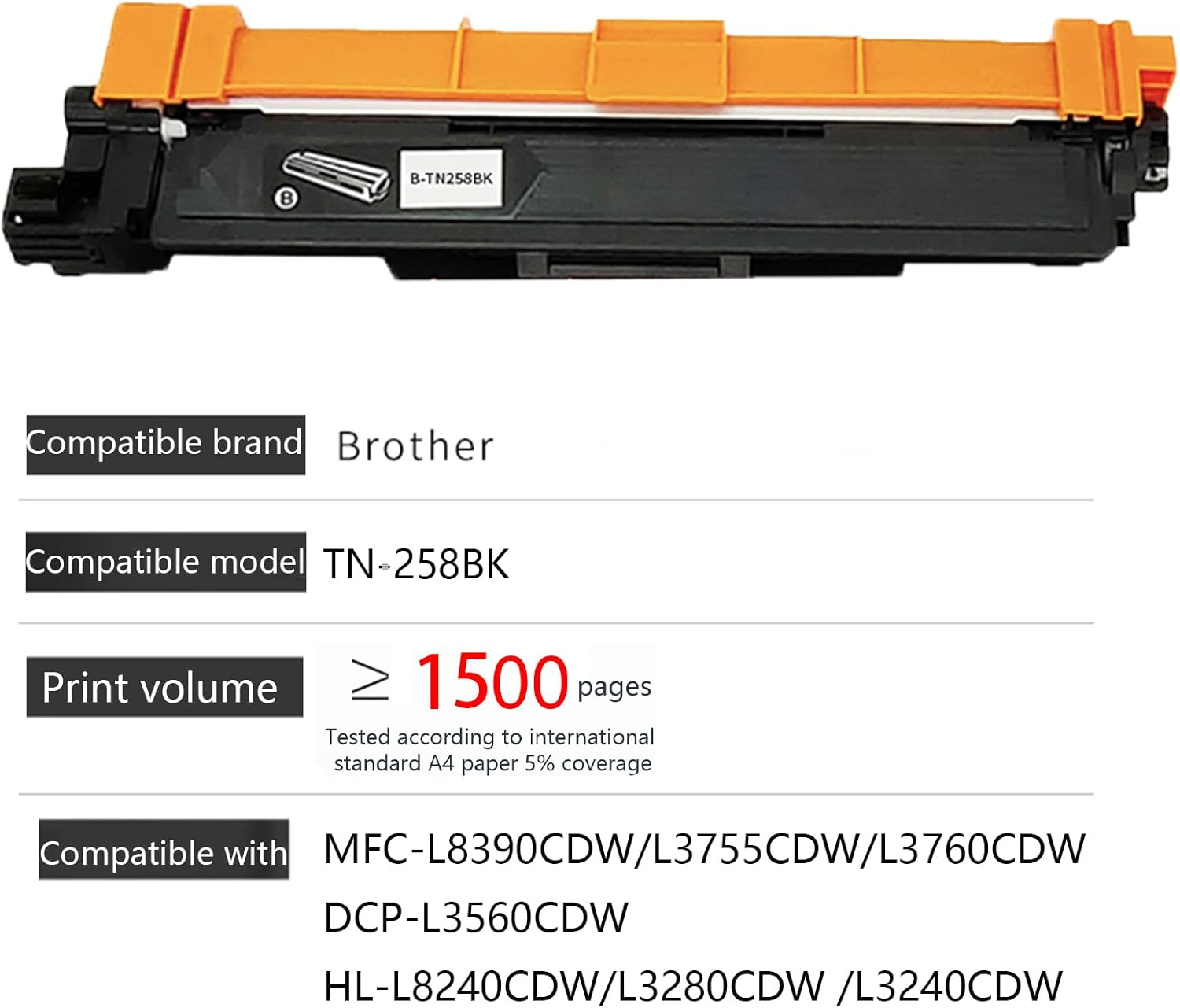 JOJOBE Planet TN-258BK Compatible Toner Cartridge with Brother MFC-L8390CDW L3755CDW L3760CDW L8240CDW HL-L3280CDW L3240CDW DCP-L3520CDW L3560CDW , 1500 Pages per Cartridge Black image number 2
