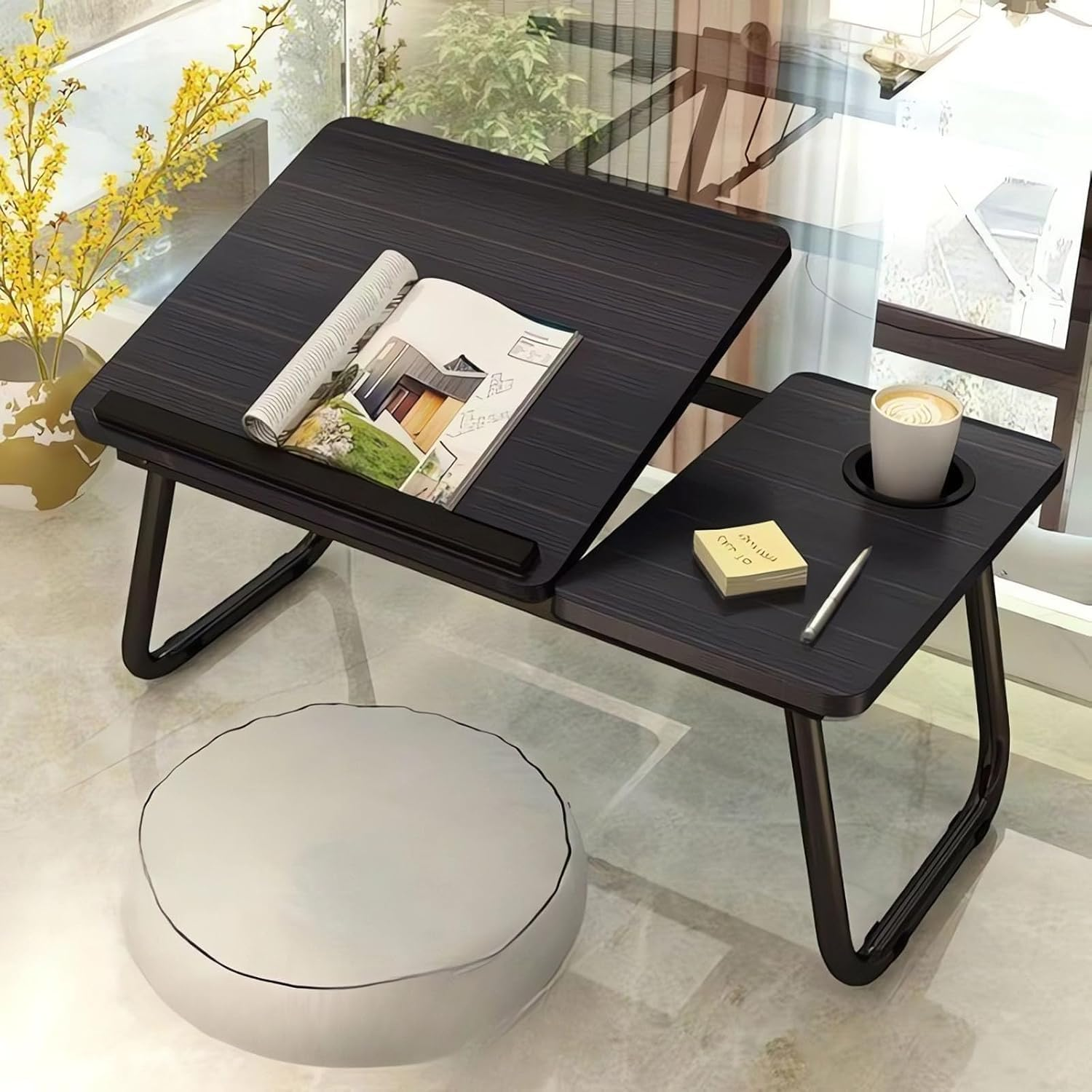 Hbluefat Folding Laptop Desk, 21.5 Inches Wood Breakfast Serving Bed Couch Tray with Adjustable Tilting Top and Cup Holder, Portable Lap Stand for Reading Writing Eating (Walnut)