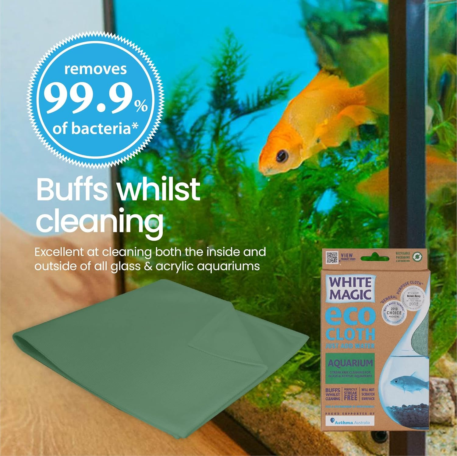 White Magic Aquarium Eco Cloth, 32 X 32 Cm, Streak-Free Cleaning for Glass & Acrylic Aquariums, Scratch-Free, Buffs & Polishes, Chemical-Free, Reusable & Machine Washable image number 1