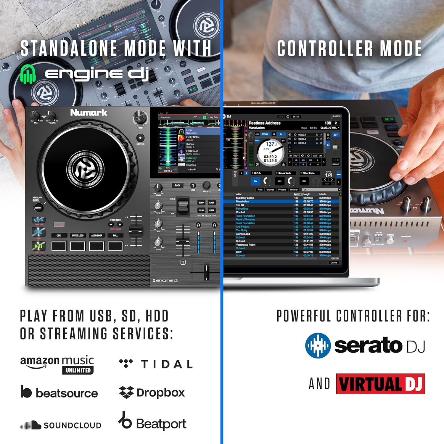 Numark Mixstream Pro Go Portable DJ Controller with Battery, Mixer with Stem Separation, Speakers, Wifi Streaming, Touchscreen, Works with Serato DJ image number 6