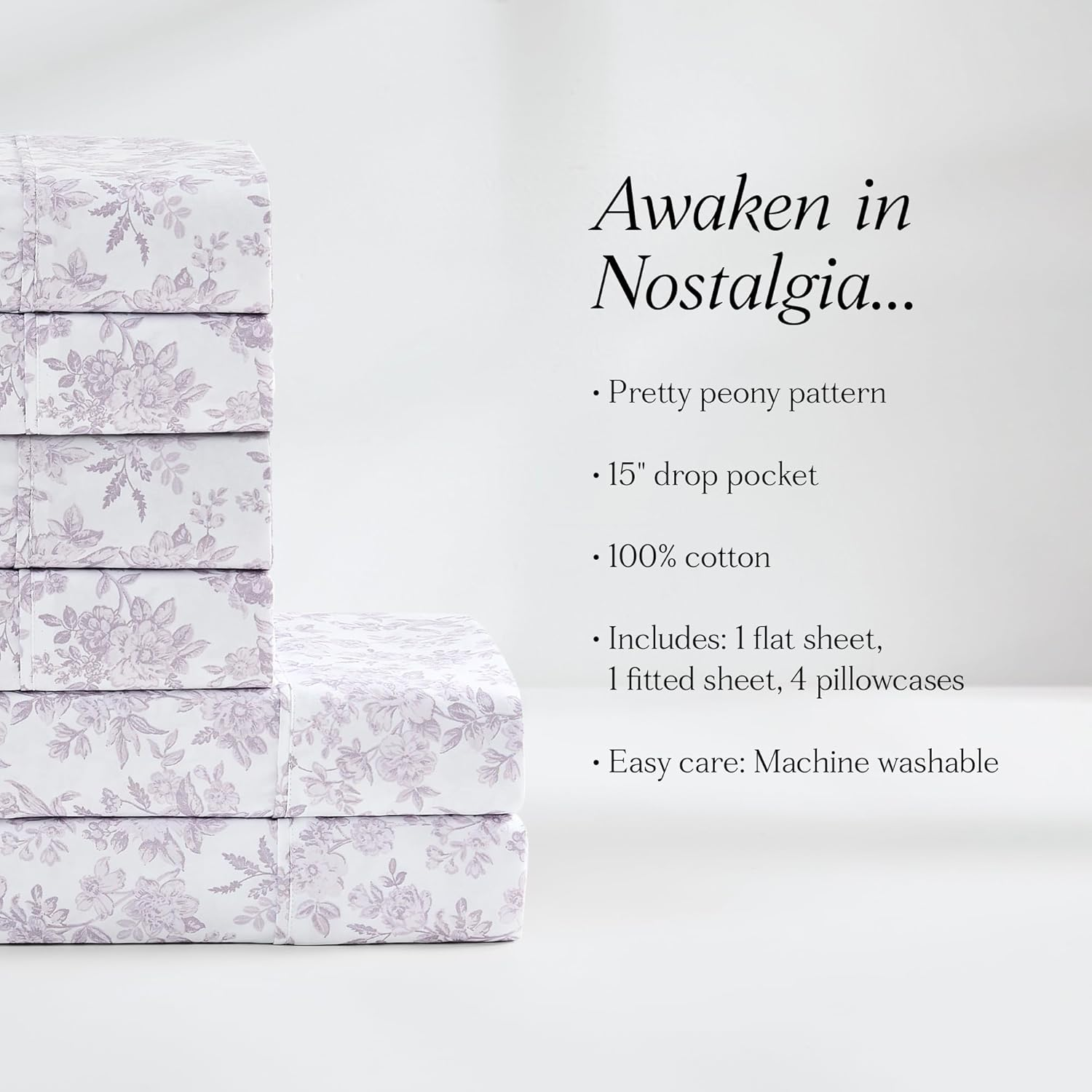 Lush Decor Peony Toile Sheet Set 6 Piece Set Queen Mauve - Floral Sheets - Flower Bed Sheets - Purple Bedding - Coquette Decor