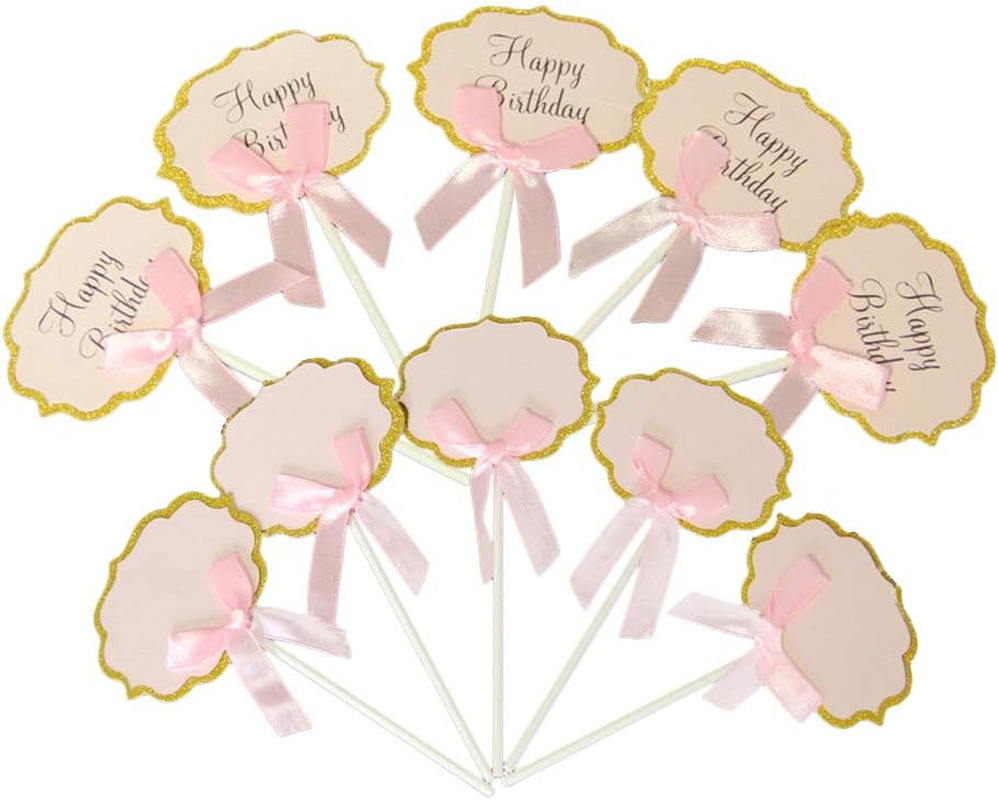 AKOAK 10 Pieces Baby Shower Pink Ribbons Bow Cupcake Toppers, Birthday Party Favors Cake Decoration,5 Pcs Blank and 5 Pcs Printed"Happy Birthday" image number 2