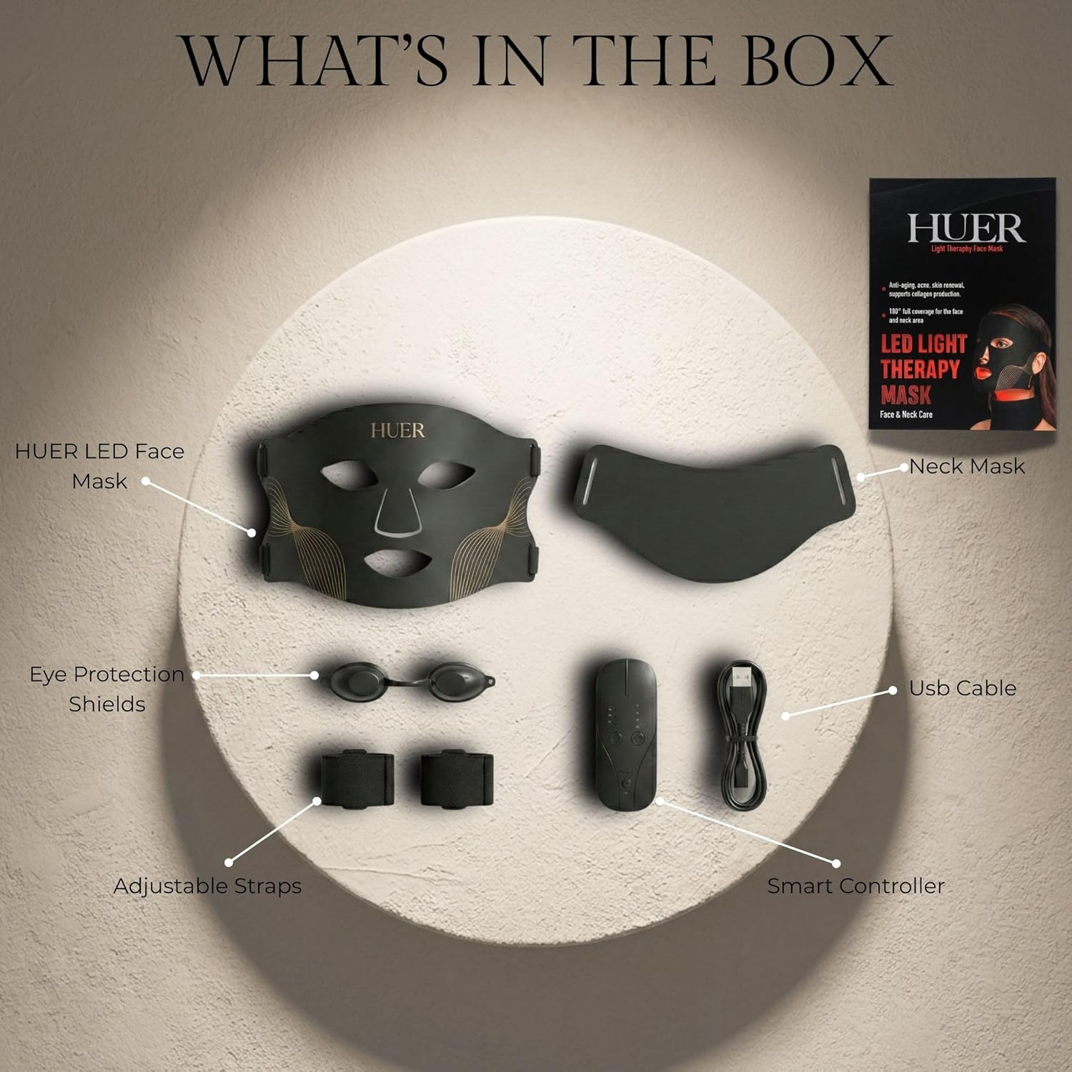 HUER LED Light Therapy Mask Face and Neck - Professional Red Light Therapy Device for Anti-Aging, Wrinkles & Pigmentation - Clinical Grade 309 Leds Face Mask for Glowing Skin & Sun Damage Repair