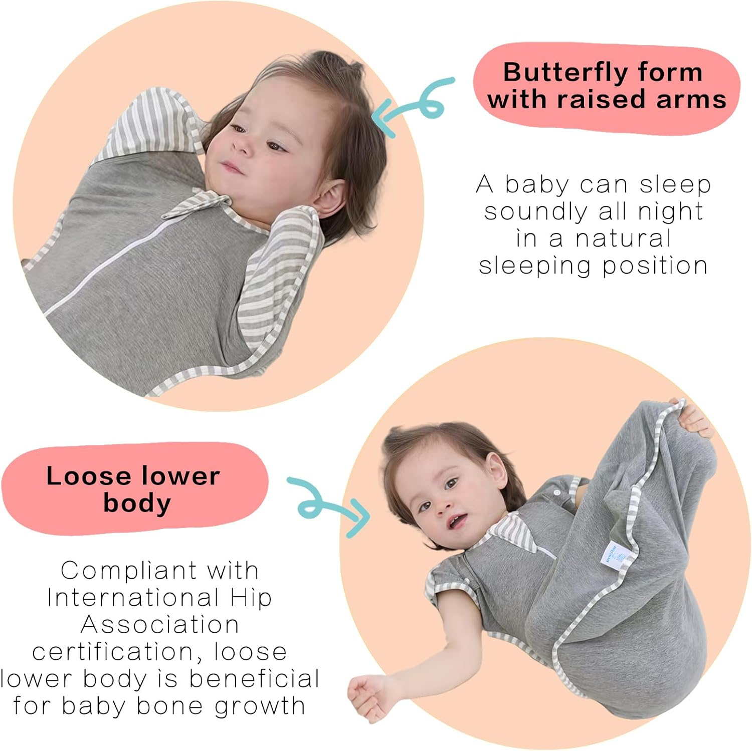 2 Pack Baby Swaddle,Nursery Swaddles,Baby Sleep Sack,Organic Cotton Sleeping Bag for Baby,Soft Nueborn Swaddle, Newborn Sleep Sack,Anti-Startle Swaddling,2 Way Zip (Gray, Small（3.5~6Kg）) image number 3