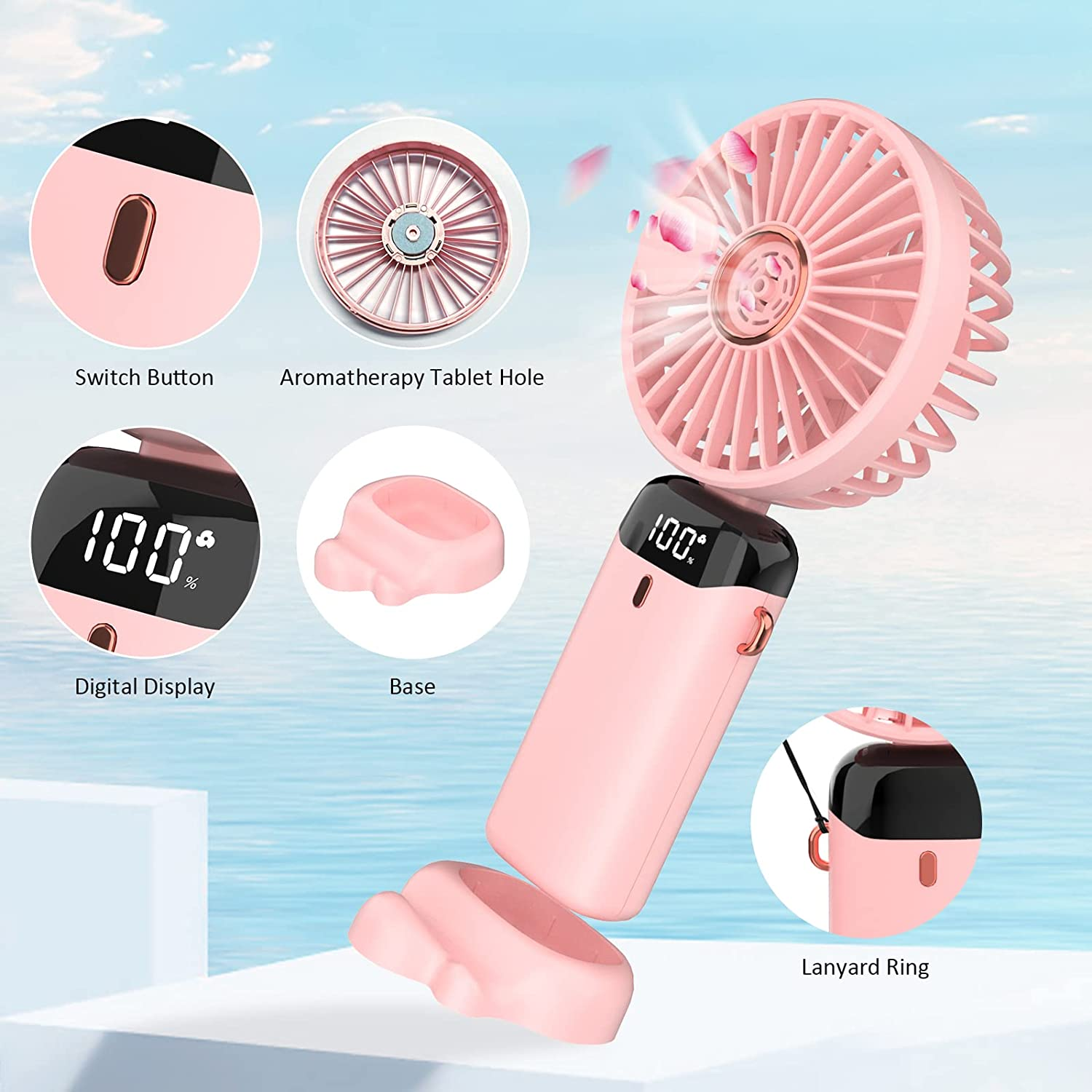 Personal Fan, Portable Hanging Neck Fan, 4000Mah USB-C Rechargeable 5-Speed Modes Powerful Desktop Fan with Base, Max 16H Run Time, Adjustable Lanyard and Bracket Hands-Free Cooling Fan-Pink image number 5