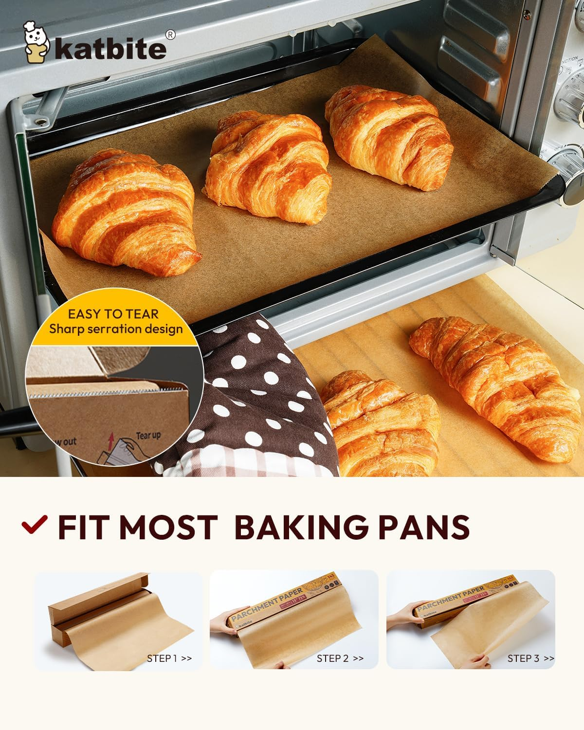 Katbite 15In X 115Ft, 145 Sq.Ft Parchment Paper Roll for Baking,Parchment Baking Paper with Serrated Cutter, Non-Stick Longer Unbleached Parchment Roll for Cooking, Air Fryer, Steaming, Bread image number 6