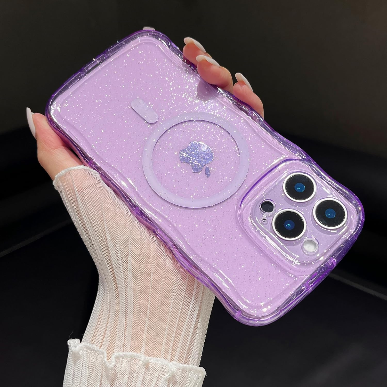 ZTOFERA for Iphone 16 Pro Case, Compatible with Magsafe,Clear Cute Sparkly Bling Glitter Curly Wavy Frame for Women Girls Men,Phone Case for Iphone 16 Pro, Purple