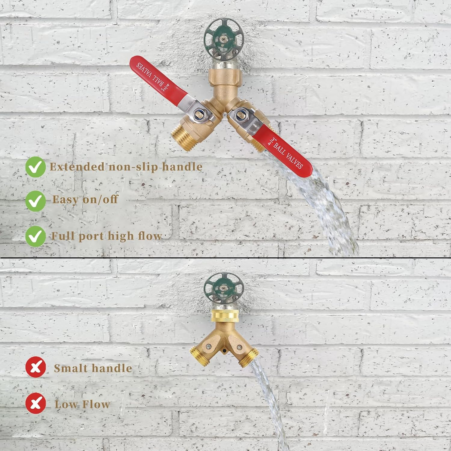 Solid Brass 2 Way Garden Hose Splitter, Full Flow Design with Dual Shut off Valves, Heavy Duty Faucet Connector 3/4" GHT Threads​ image number 3