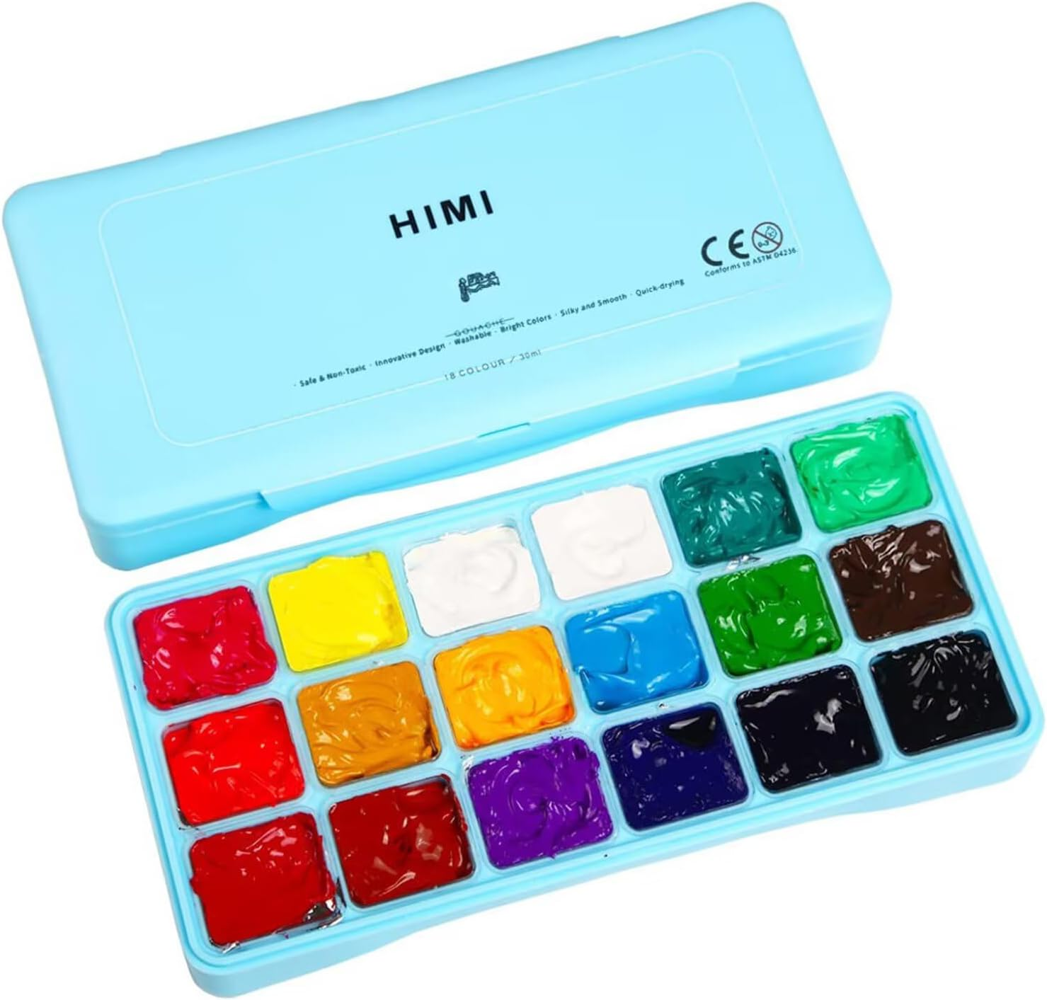 HIMI Gouache Paint Set 18 Colors X 30Ml Premium Jelly Cup Design Comes with 3 Paint Brushes & Palette Easy to Carry Suitable for Students Children Beginners Artists (Green Box）