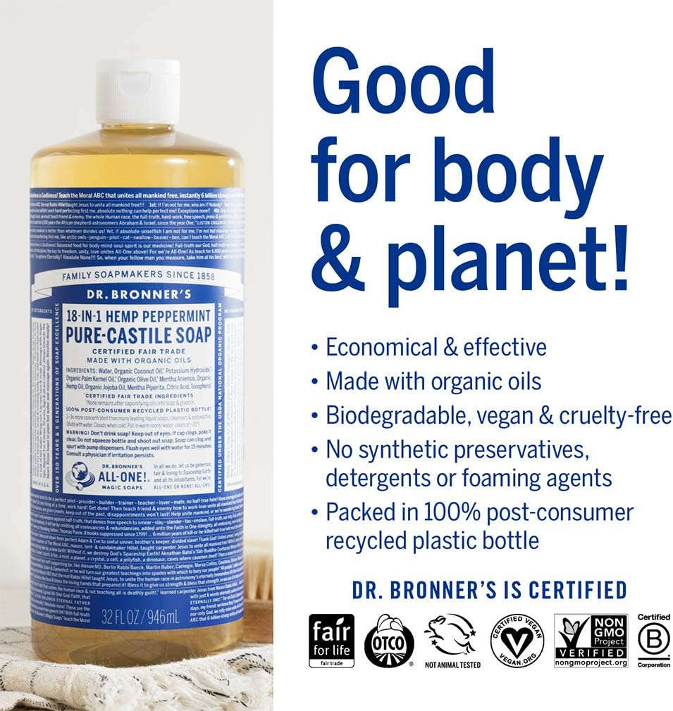 Dr. Bronner'S - Pure-Castile Liquid Soap (Peppermint, 32 Ounce, 2-Pack) - Made with Organic Oils, 18-In-1 Uses: Face, Body, Hair, Laundry, Pets and Dishes, Concentrated, Vegan, Non-Gmo image number 2
