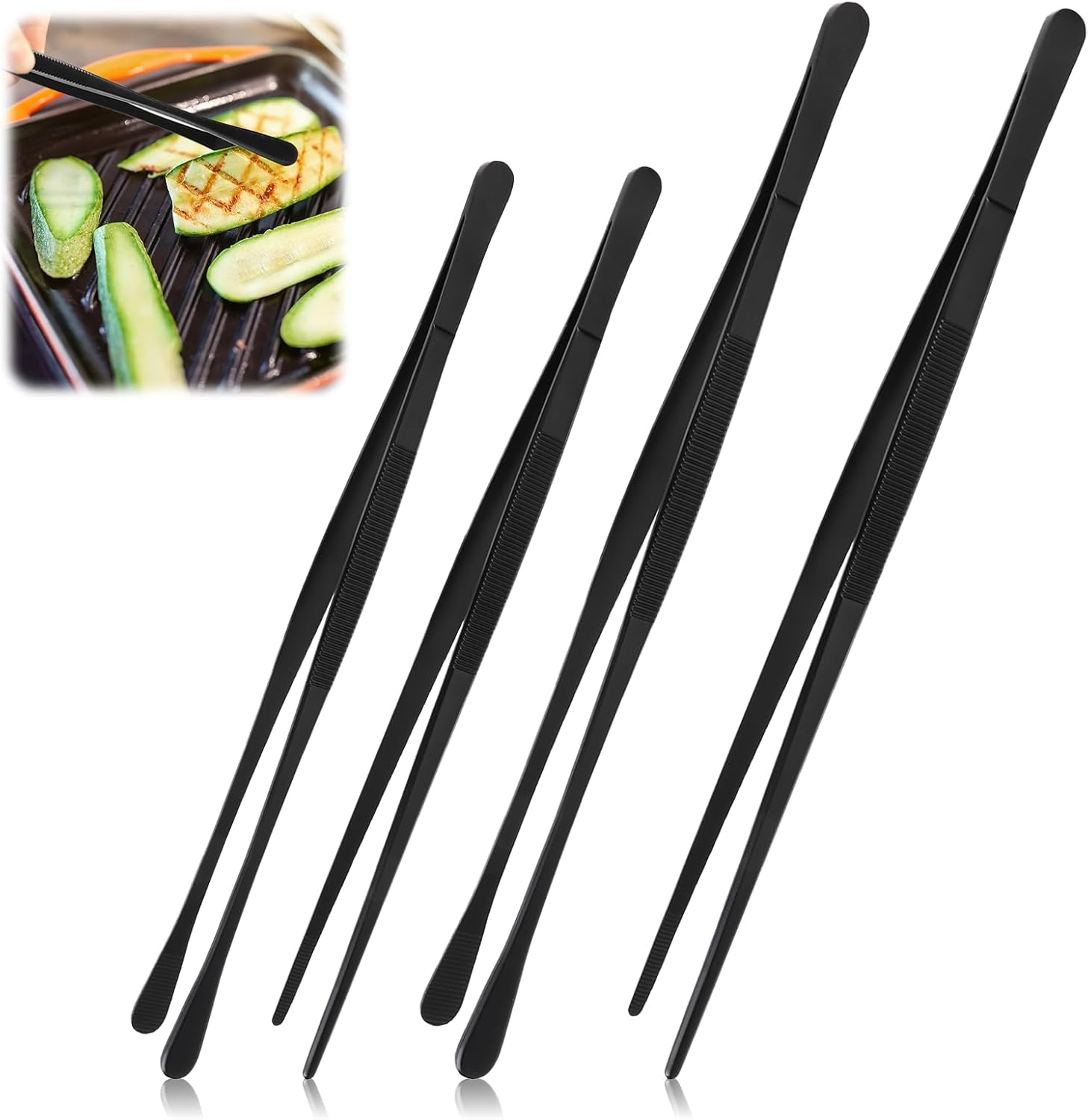 AIAOO 4-Pack Kitchen Tweezers Tongs, Black Stainless Steel Cooking Tweezers - 30Cm Straight/Round & 25Cm Straight/Round Heads, Non-Slip for BBQ, Culinary Use, Kitchen Tools & Gadgets image number 1