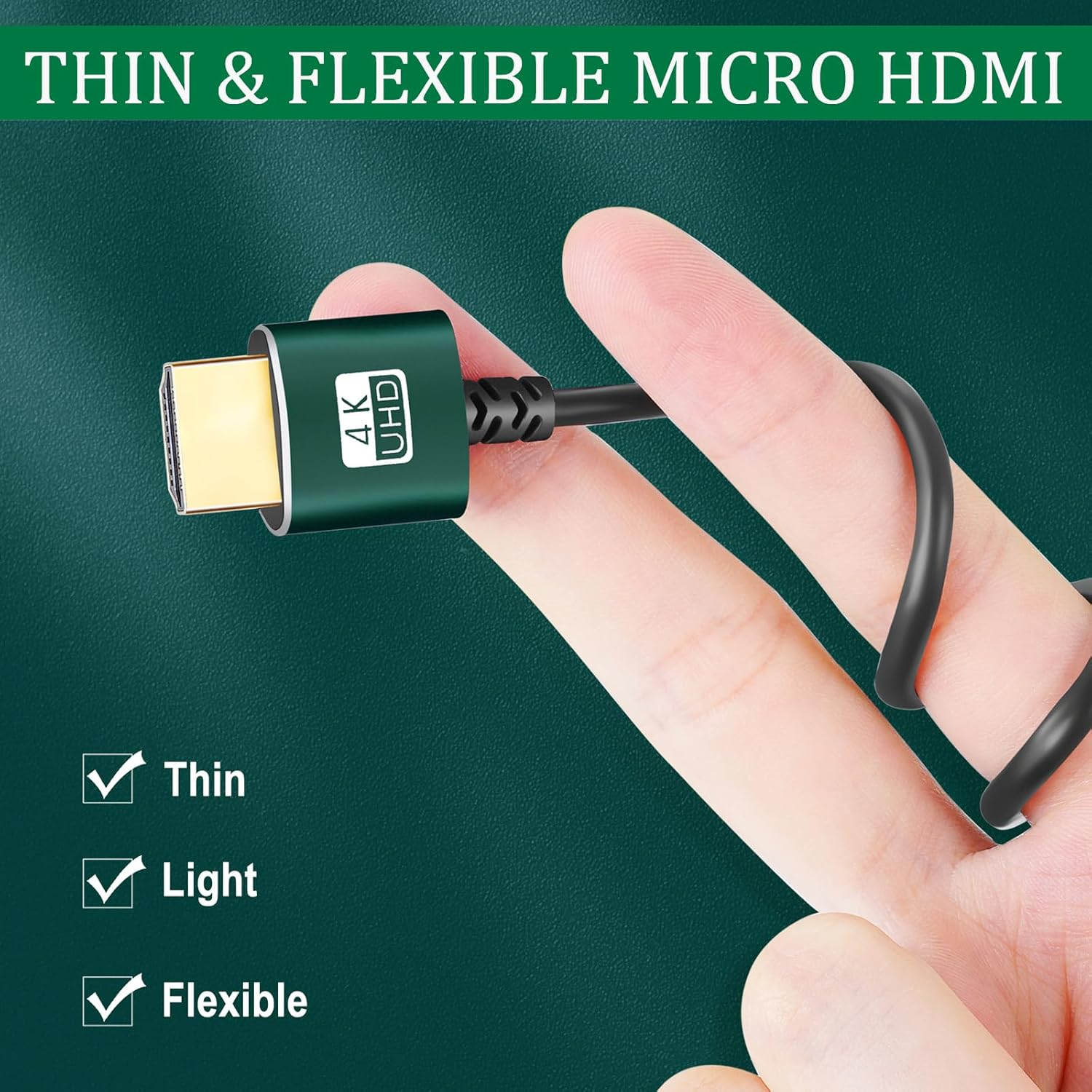 Thsucords Micro HDMI to HDMI Cable 3M, Ultra Slim & Flexible HDMI Micro Cable Supports 3D/4K@60Hz/18Gbps/2160P/1080P image number 5