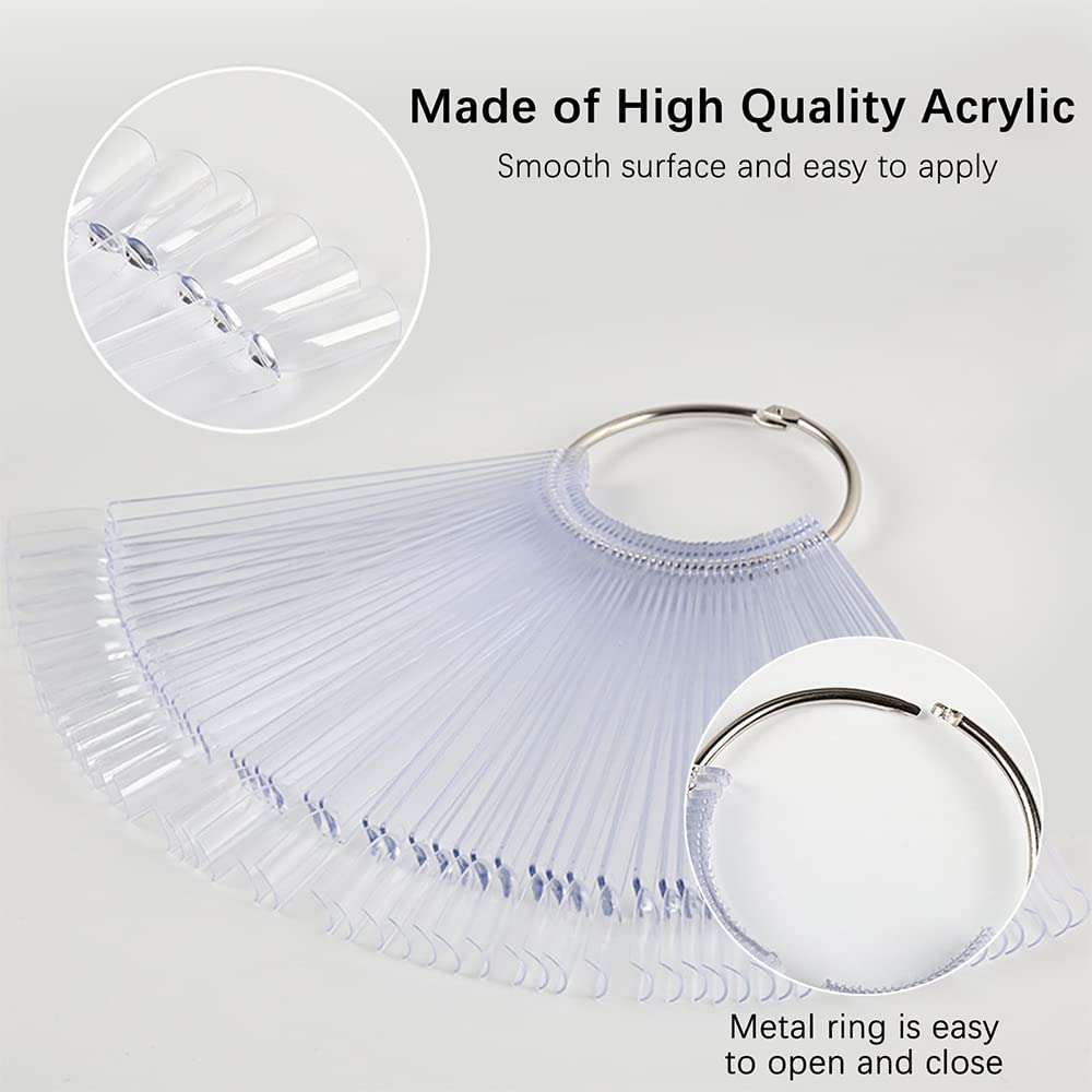 300 Pieces Transparent Nail Pattern Pop Sticks, Fan-Shaped Nail Colour Display Art Tips with 6 Metal Rings, Artificial Practice Nail Board for Nail Studio and Beginner Nail Gel Nail Polish Practice image number 3