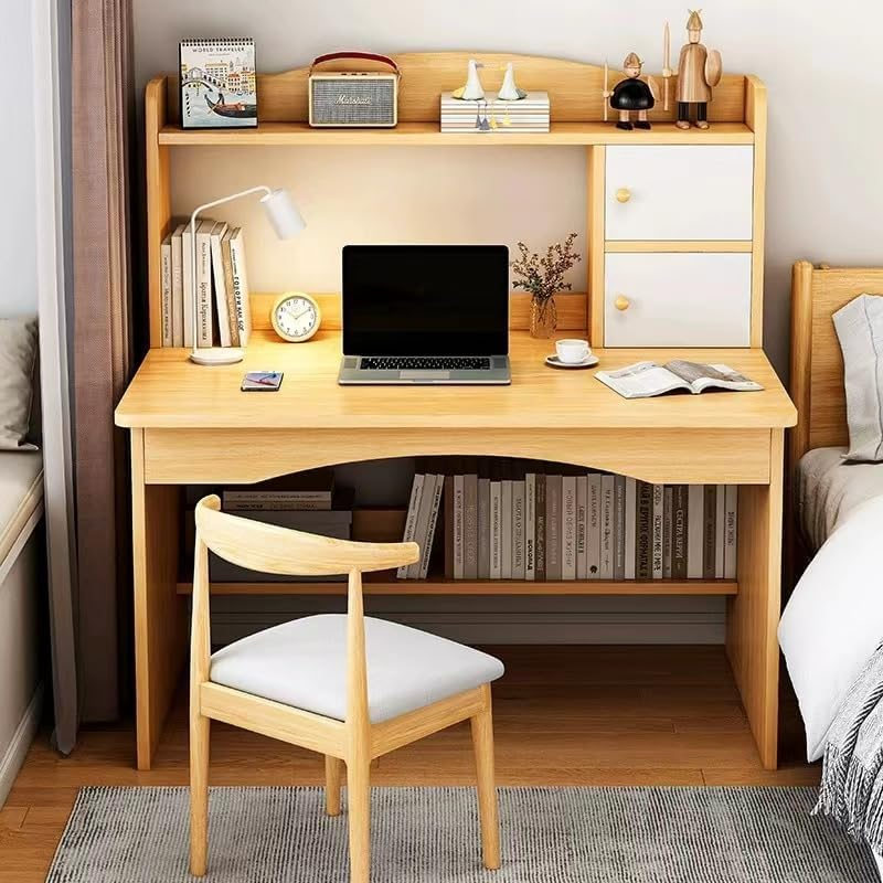 Uandhome Computer Desk, Large Standing Desk, Easy-To-Assemble Study Desk for Home, Bedroom, Office Durable Wood Table,Storage Shelves Ideal for Gaming Working and Learning(100X48X120Cm) (White)