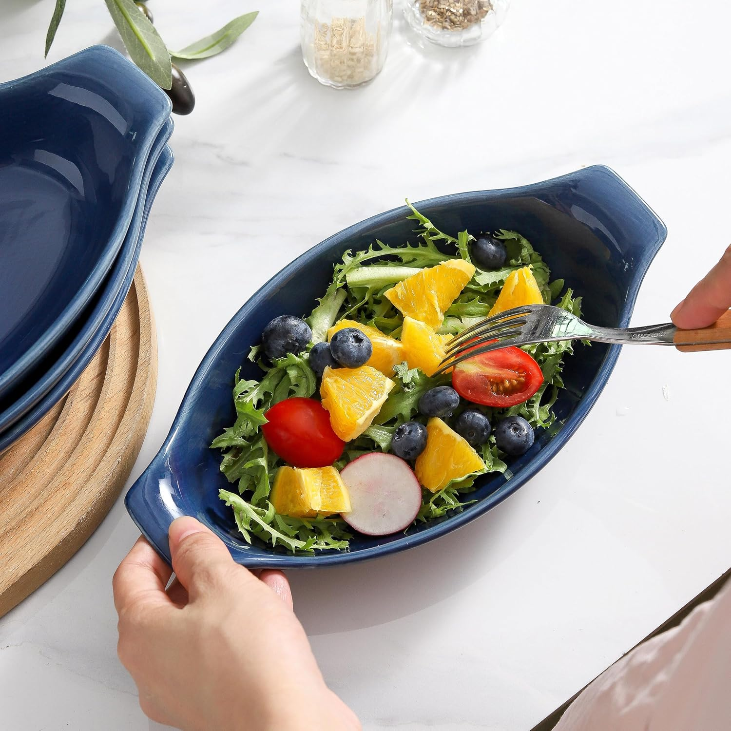 Au Gratin Baking Dishes Oven Safe, Ceramic Oval Baking Dish with Handles, Au Gratin Pans for Lasagna, Small Individual Gratin Dishes, Porcelain Mini Casserole Dish - 11.8Oz - 6Pc Set - Navy Blue image number 6