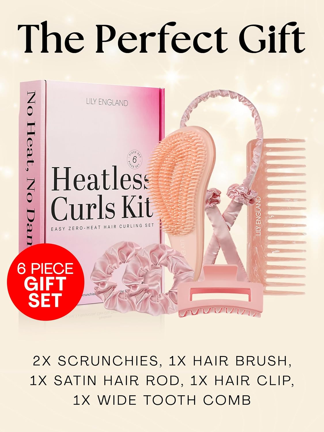 Lily England Heatless Hair Curlers to Sleep in - No Heat Curling Gift Set Includes Satin Headband, Hair Clip, Comb & 2 Scrunchies - Sleek & Smooth Overnight Curls (Peach, 6 Pack) image number 3