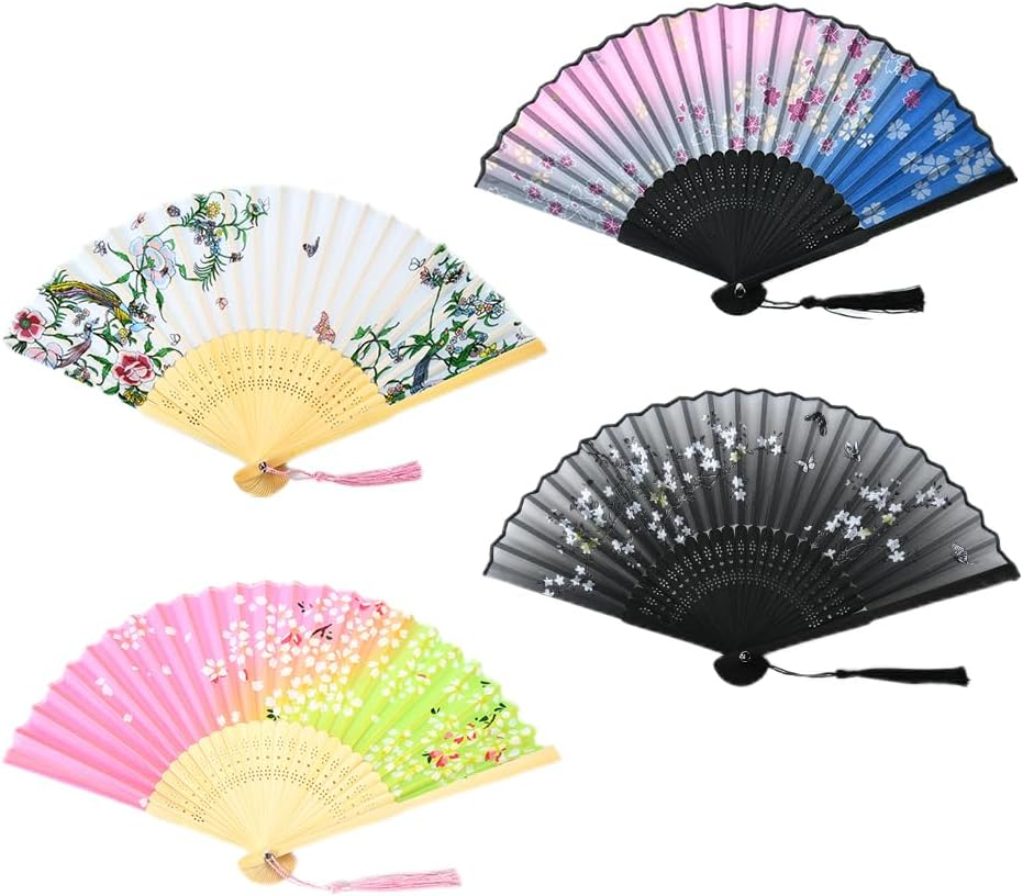 HUNANBANG 4 Pieces Oriental Bamboo Folding Hand Fans Adults Only Church Wedding Gift, Party Favors, DIY Decoration Gift Size 8 1/4" Wholesale 10Pack (Bamboo Assorted 4Pack)