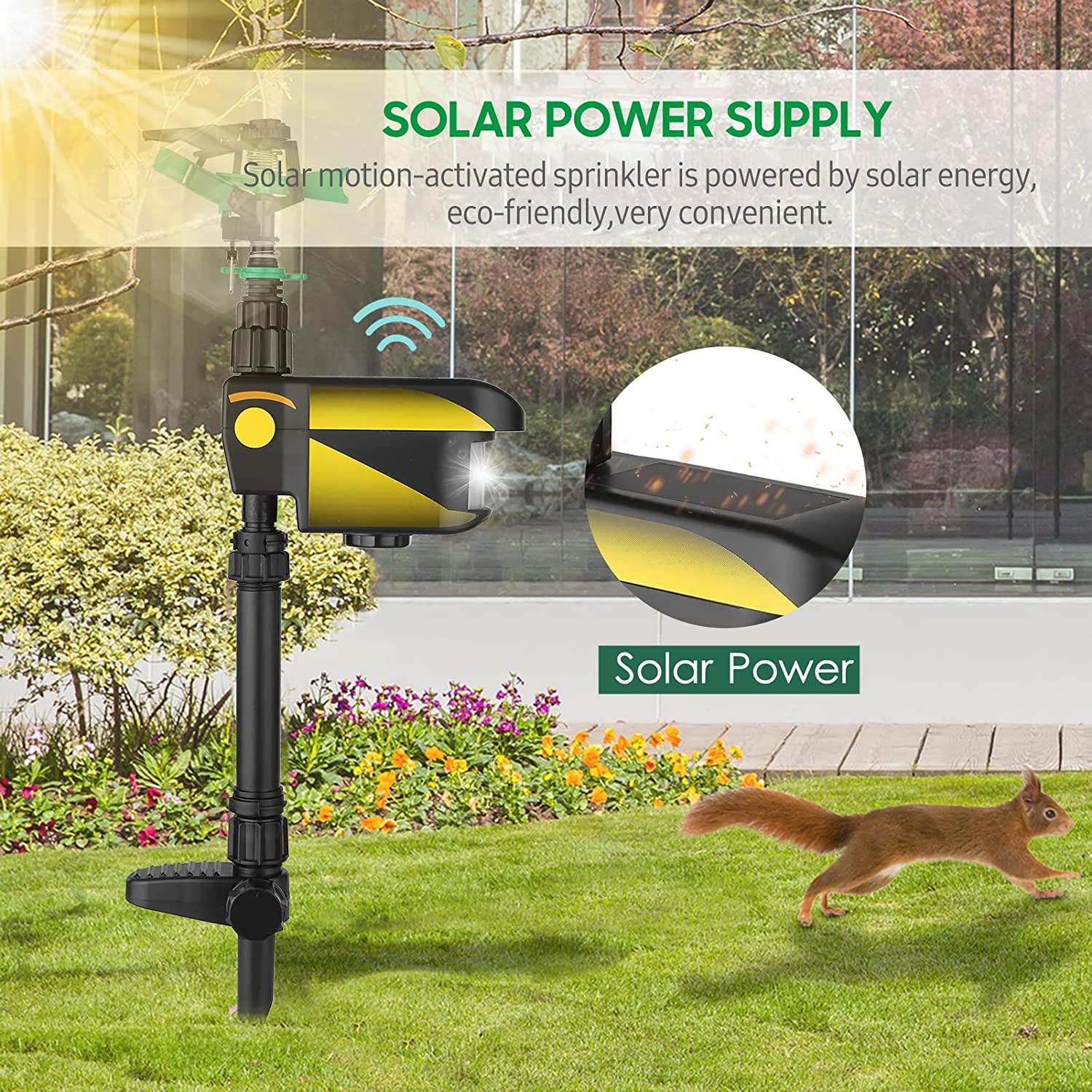 Solar Power Motion-Activated Sprinkler Animal Repeller with 3 Time Modes Adjustable Spray Angle & Sprinkle Distance for Garden Farm