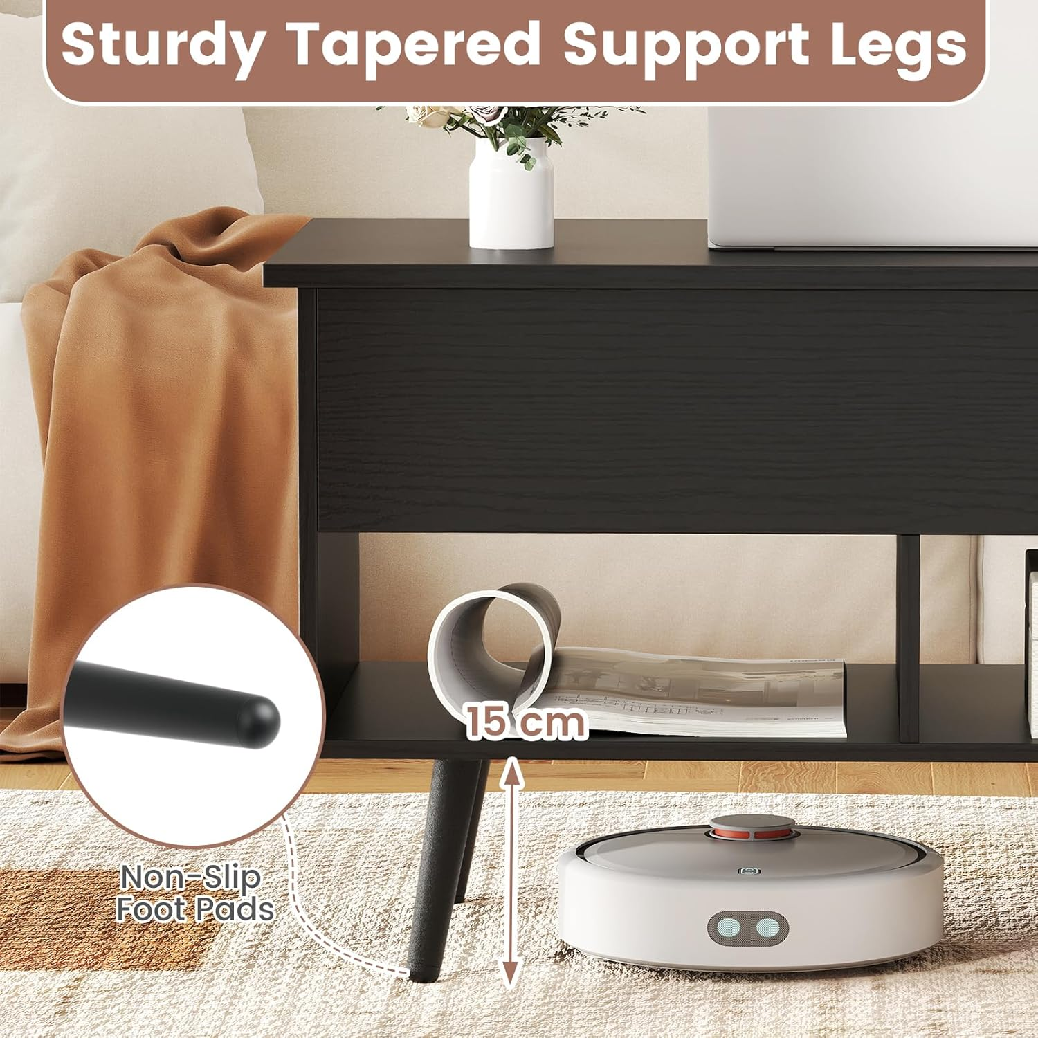 Giantex Lift Top Coffee Table, Wooden Lift Top Dining Table W/Hidden Storage Compartment & 2 Storage Shelves, Raisable Top Coffee Table for Living Room, Study, Office, Meeting Room (Black) - Coffee image number 6